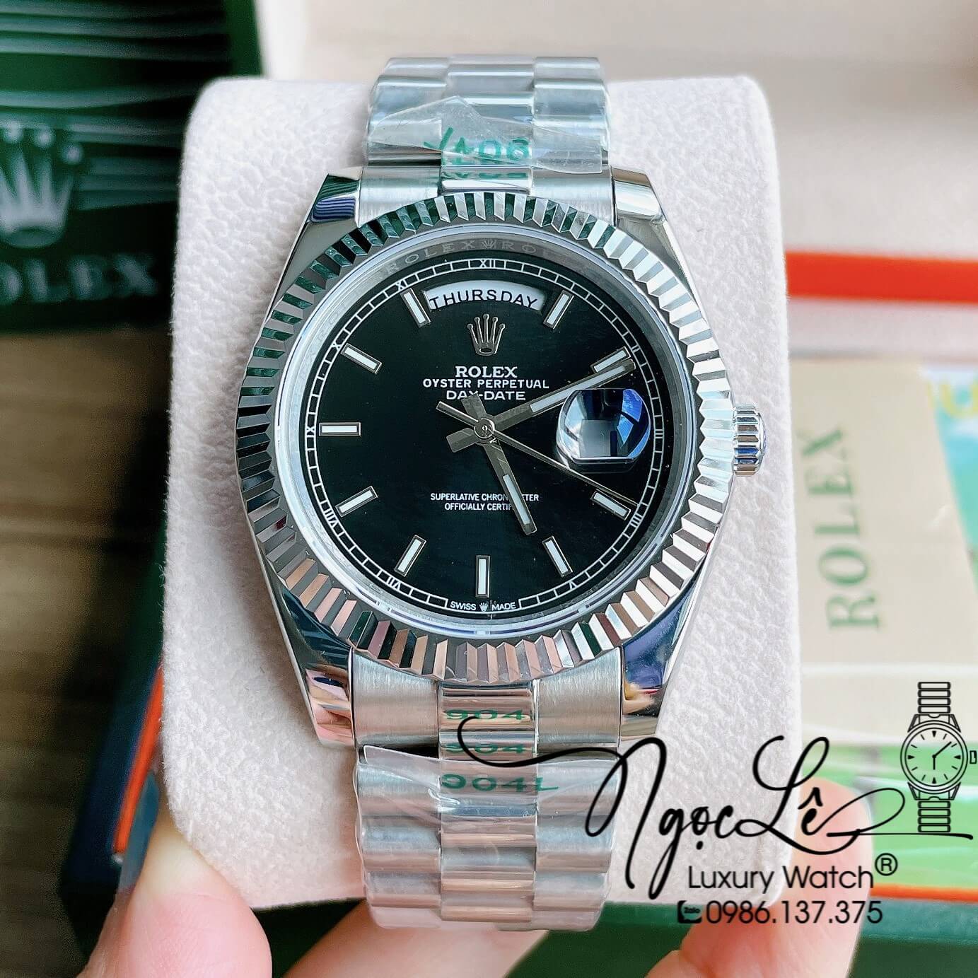 Đồng Hồ Rolex Day-Date Automatic Nam Dây Kim Loại Bạc Mặt Đen Niềng Khía Size 41mm