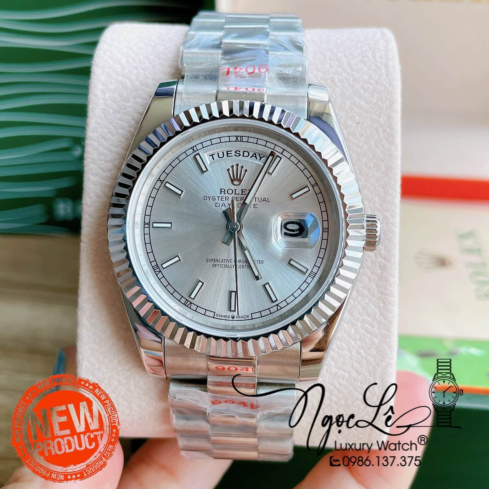 Đồng Hồ Rolex Day-Date Automatic Nam Dây Kim Loại Bạc Mặt Trắng Niềng Khía Size 41mm