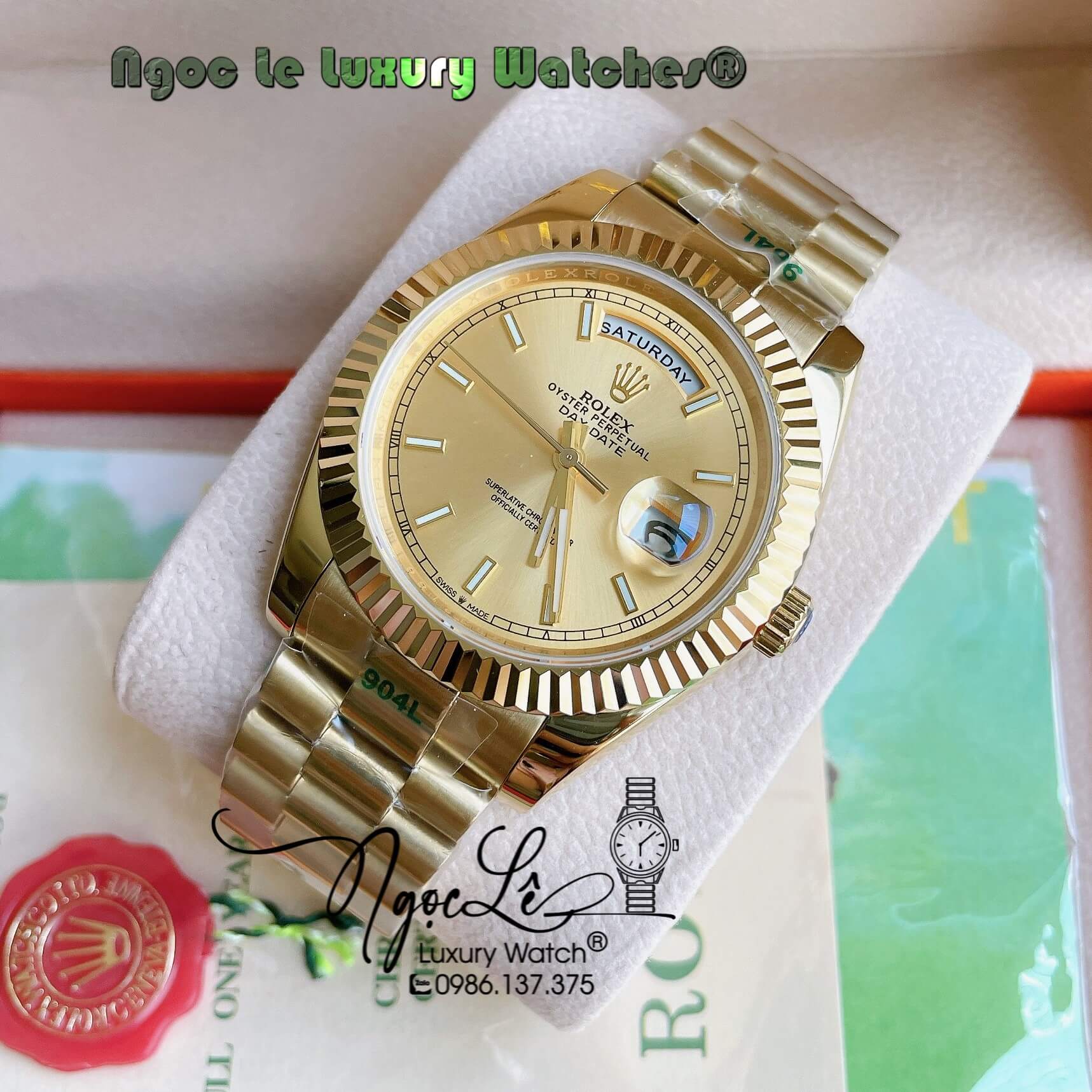 Đồng Hồ Rolex Day-Date Automatic Nam Dây Kim Loại Vàng Niềng Khía Size 41mm