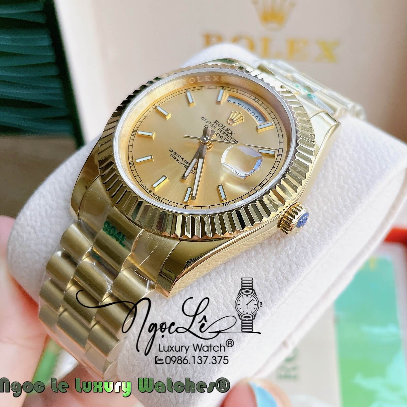 Đồng Hồ Rolex Day-Date Automatic Nam Dây Kim Loại Vàng Niềng Khía Size 41mm