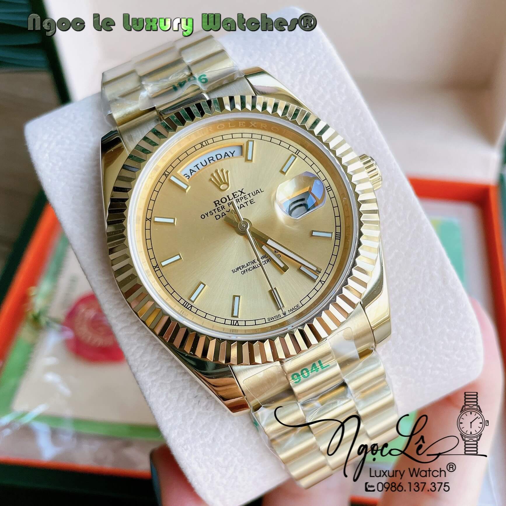 Đồng Hồ Rolex Day-Date Automatic Nam Dây Kim Loại Vàng Niềng Khía Size 41mm