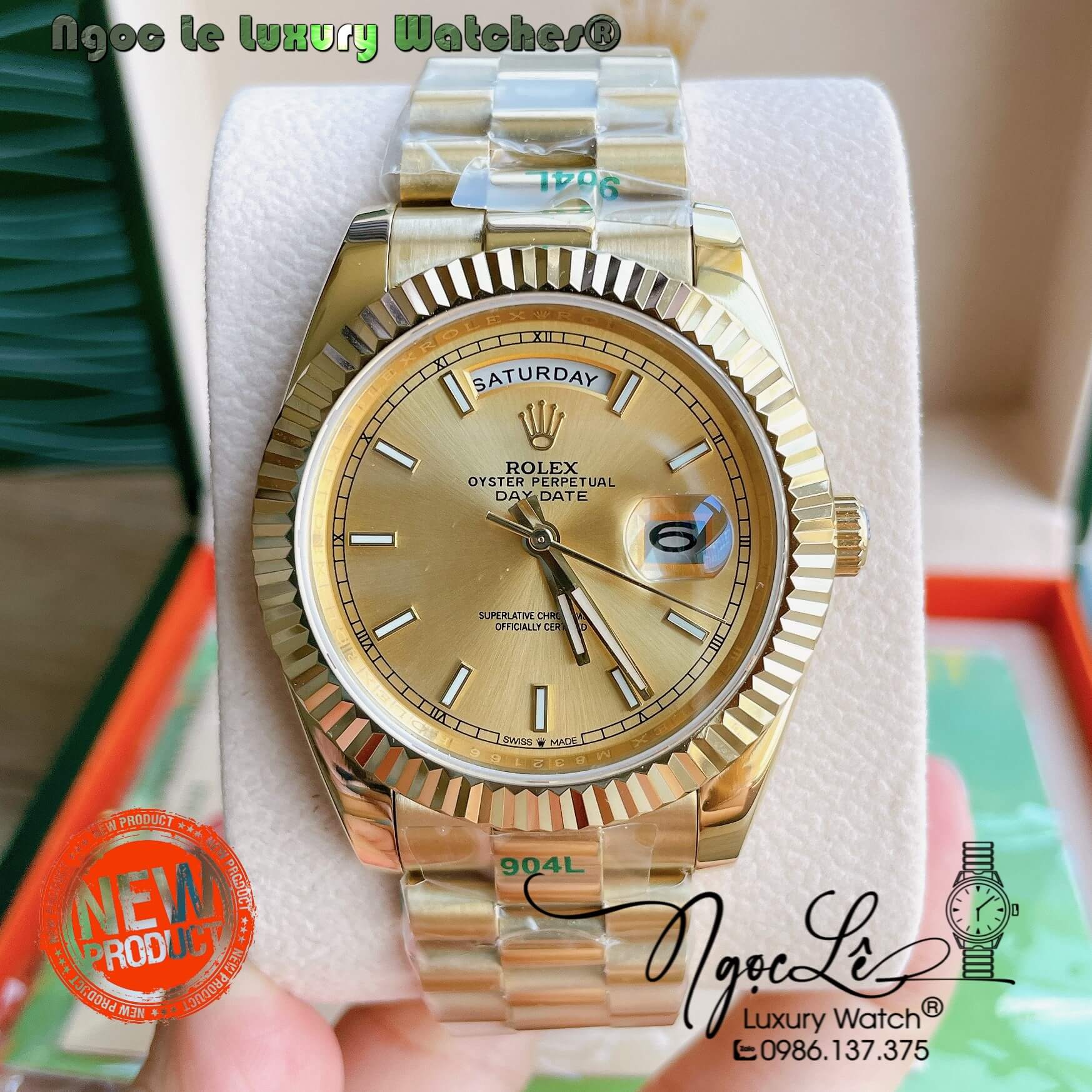 Đồng Hồ Rolex Day-Date Automatic Nam Dây Kim Loại Vàng Niềng Khía Size 41mm