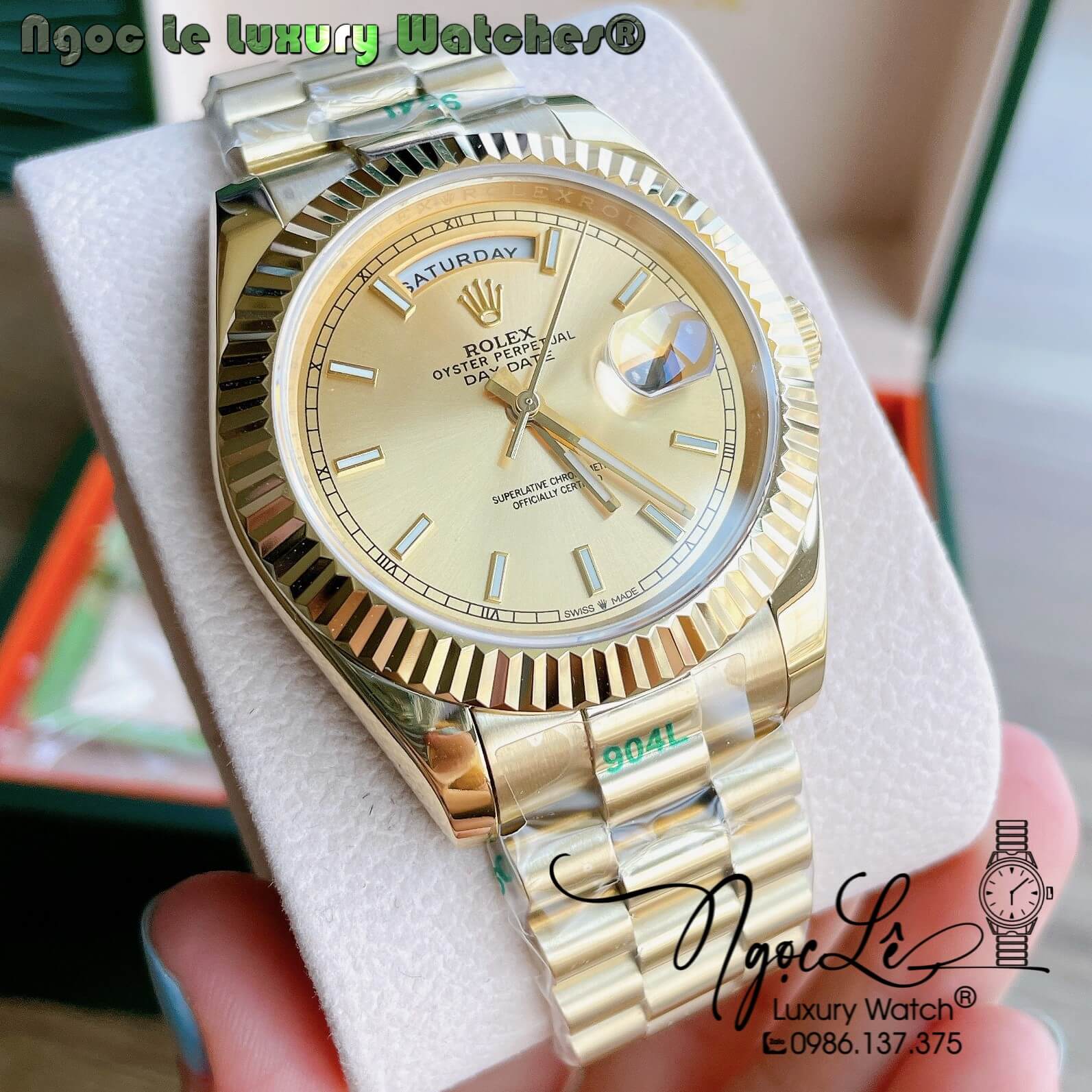 Đồng Hồ Rolex Day-Date Automatic Nam Dây Kim Loại Vàng Niềng Khía Size 41mm