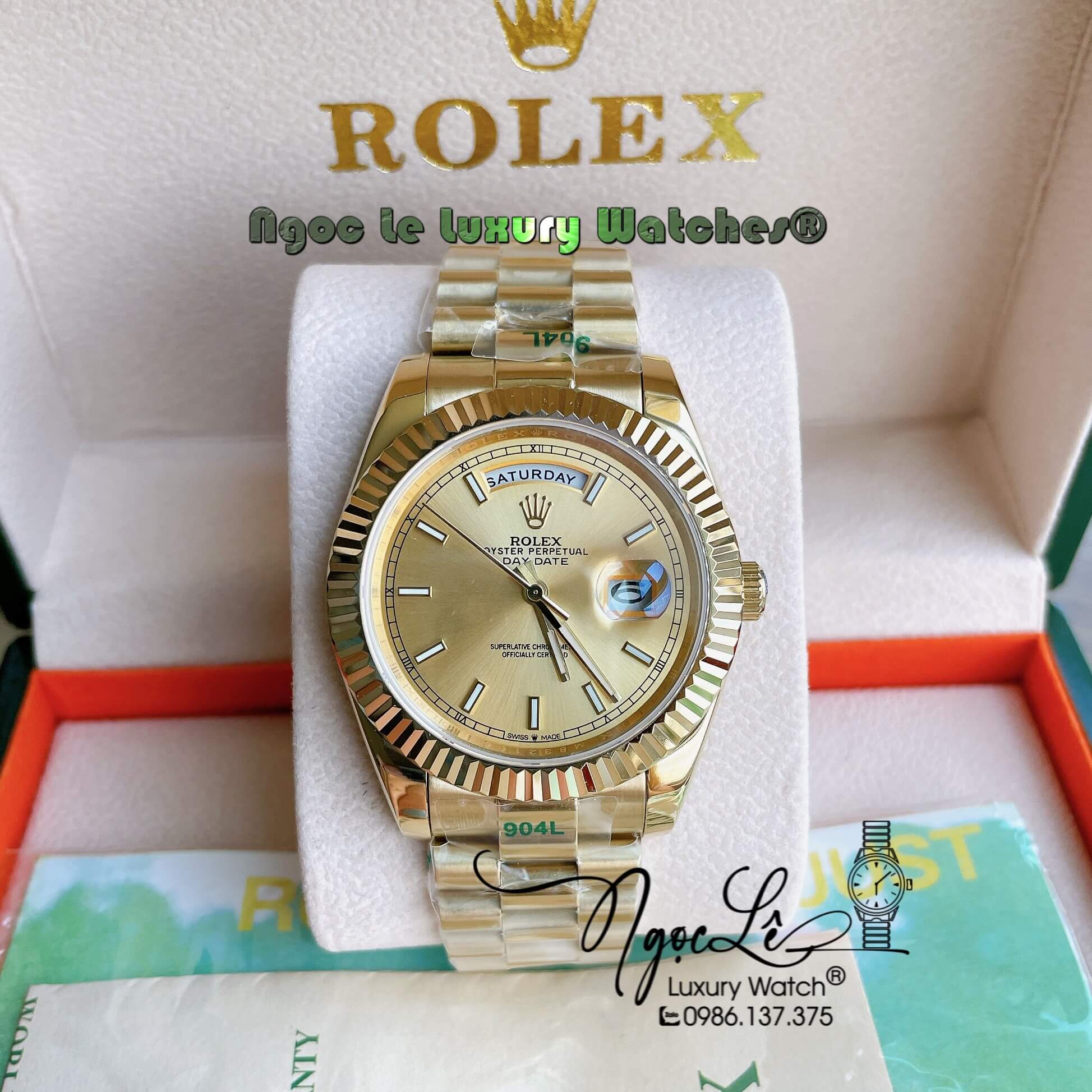 Đồng Hồ Rolex Day-Date Automatic Nam Dây Kim Loại Vàng Niềng Khía Size 41mm