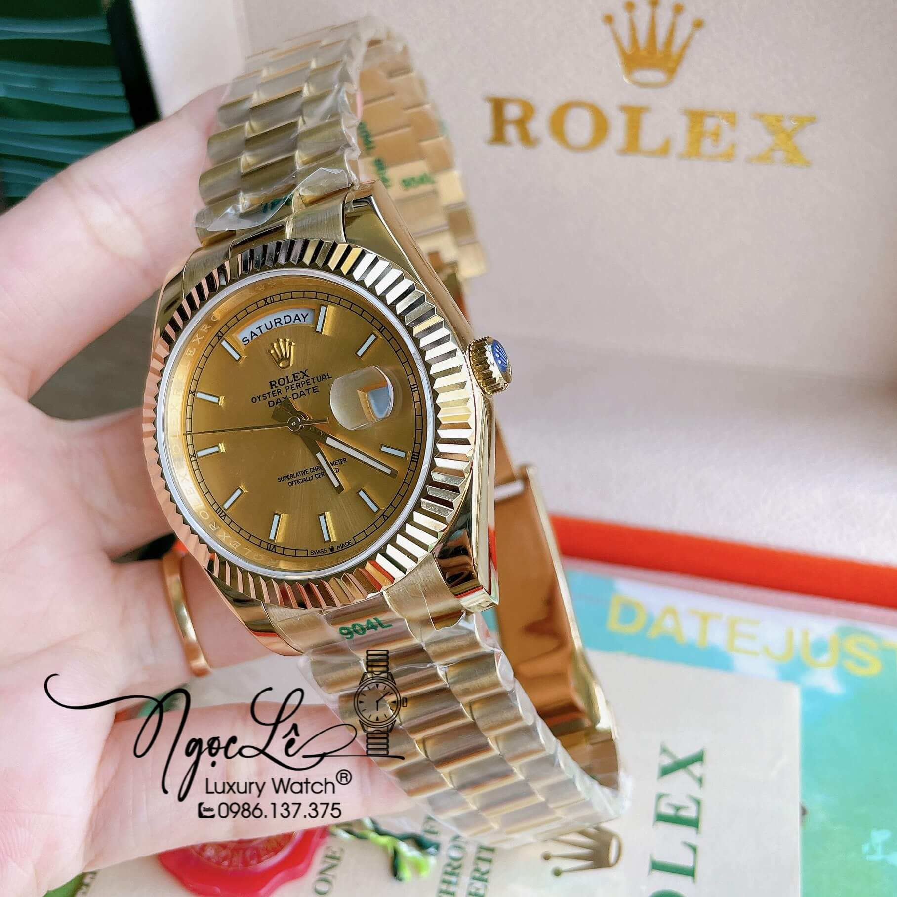 Đồng Hồ Rolex Day-Date Automatic Nam Dây Kim Loại Vàng Niềng Khía Size 41mm