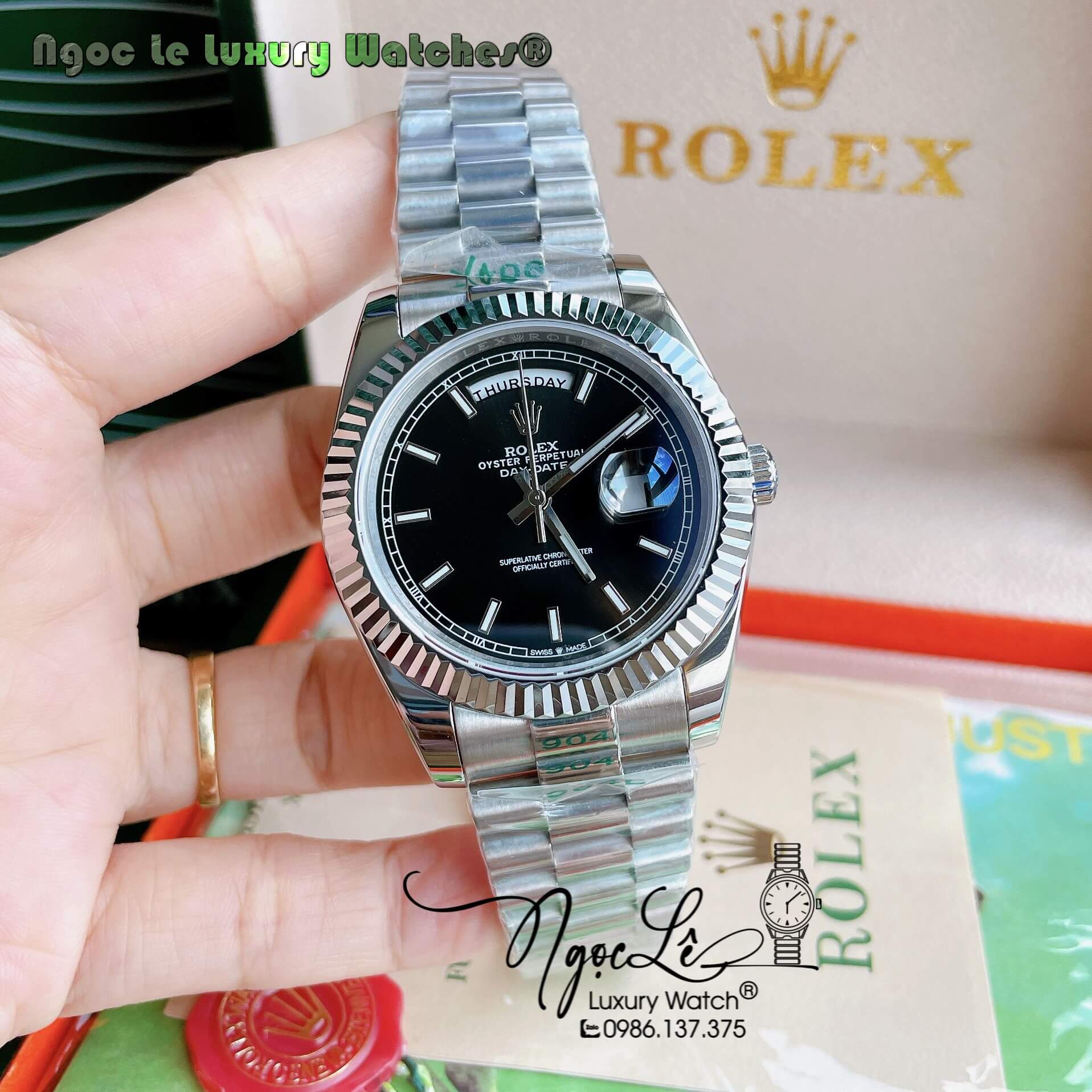 Đồng Hồ Rolex Day-Date Automatic Nam Dây Kim Loại Bạc Mặt Đen Niềng Khía Size 41mm