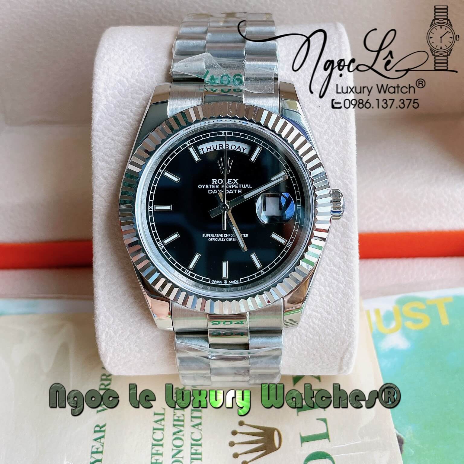 Đồng Hồ Rolex Day-Date Automatic Nam Dây Kim Loại Bạc Mặt Đen Niềng Khía Size 41mm