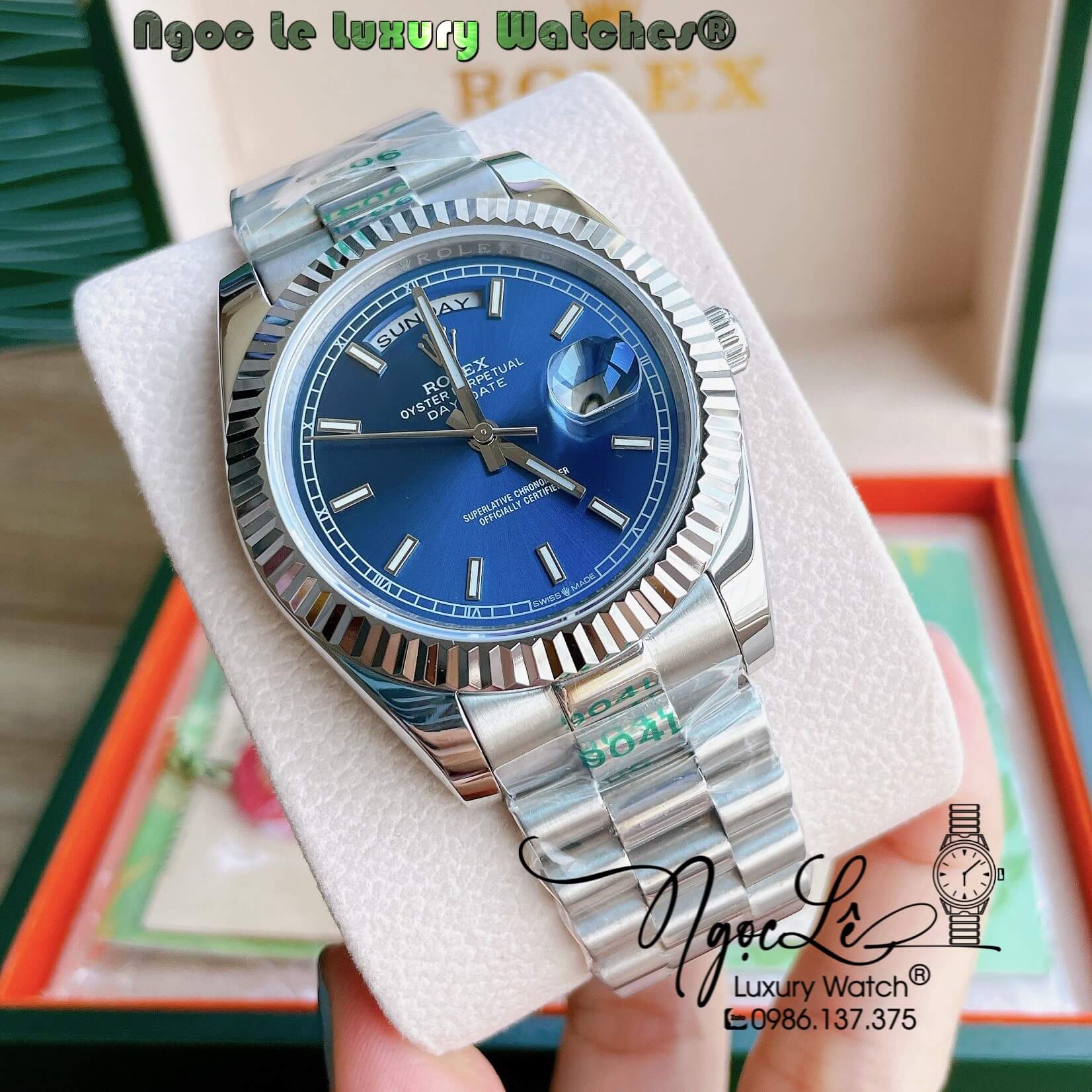 Đồng Hồ Rolex Day-Date Automatic Nam Dây Kim Loại Bạc Mặt Xanh Niềng Khía Size 41mm