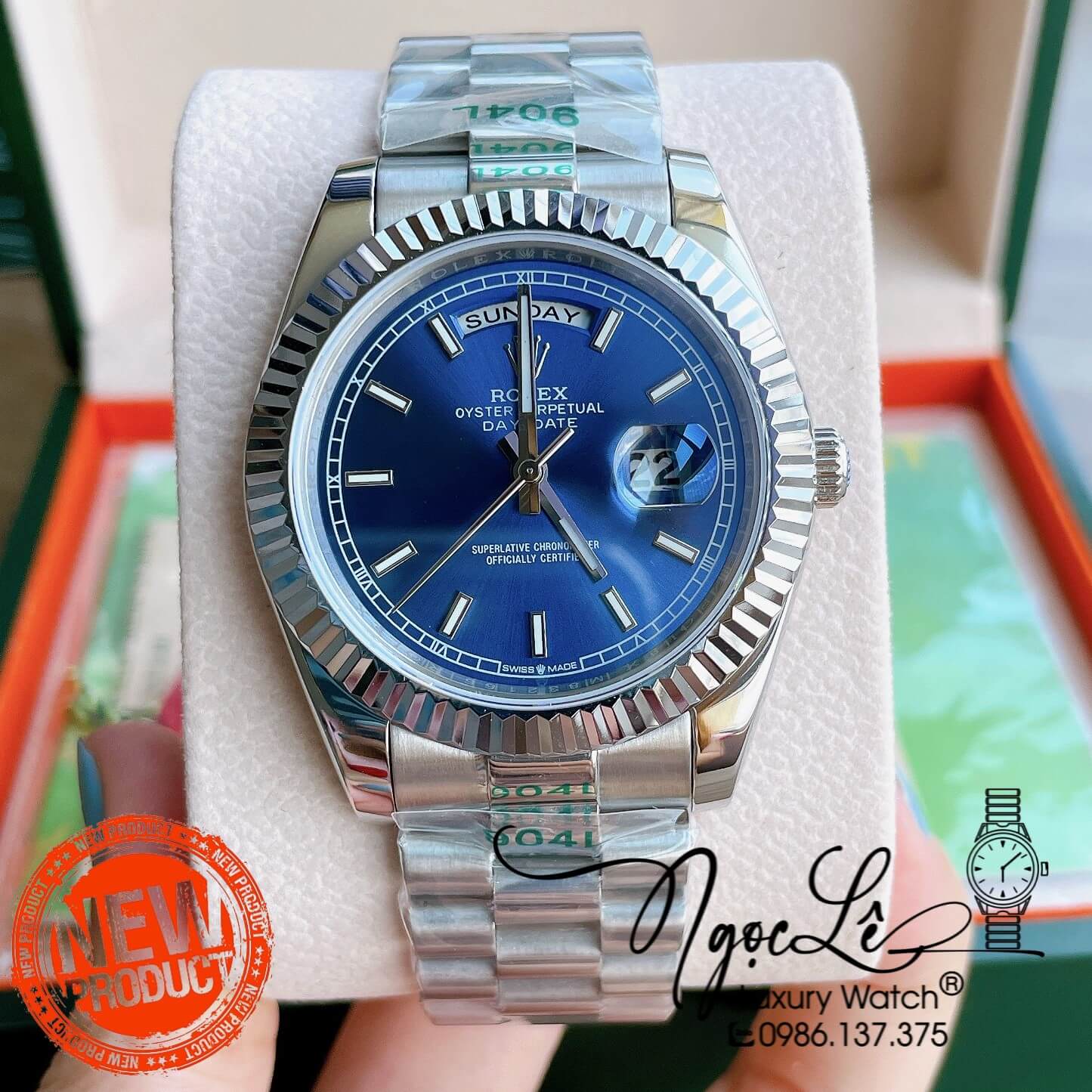 Đồng Hồ Rolex Day-Date Automatic Nam Dây Kim Loại Bạc Mặt Xanh Niềng Khía Size 41mm