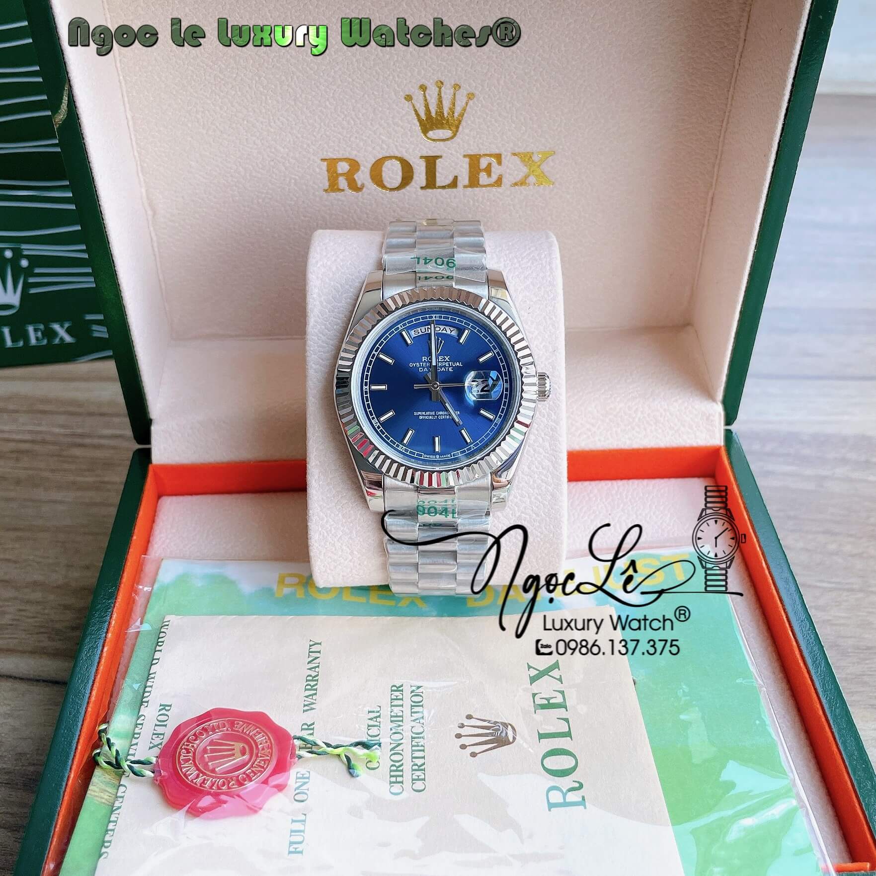 Đồng Hồ Rolex Day-Date Automatic Nam Dây Kim Loại Bạc Mặt Xanh Niềng Khía Size 41mm
