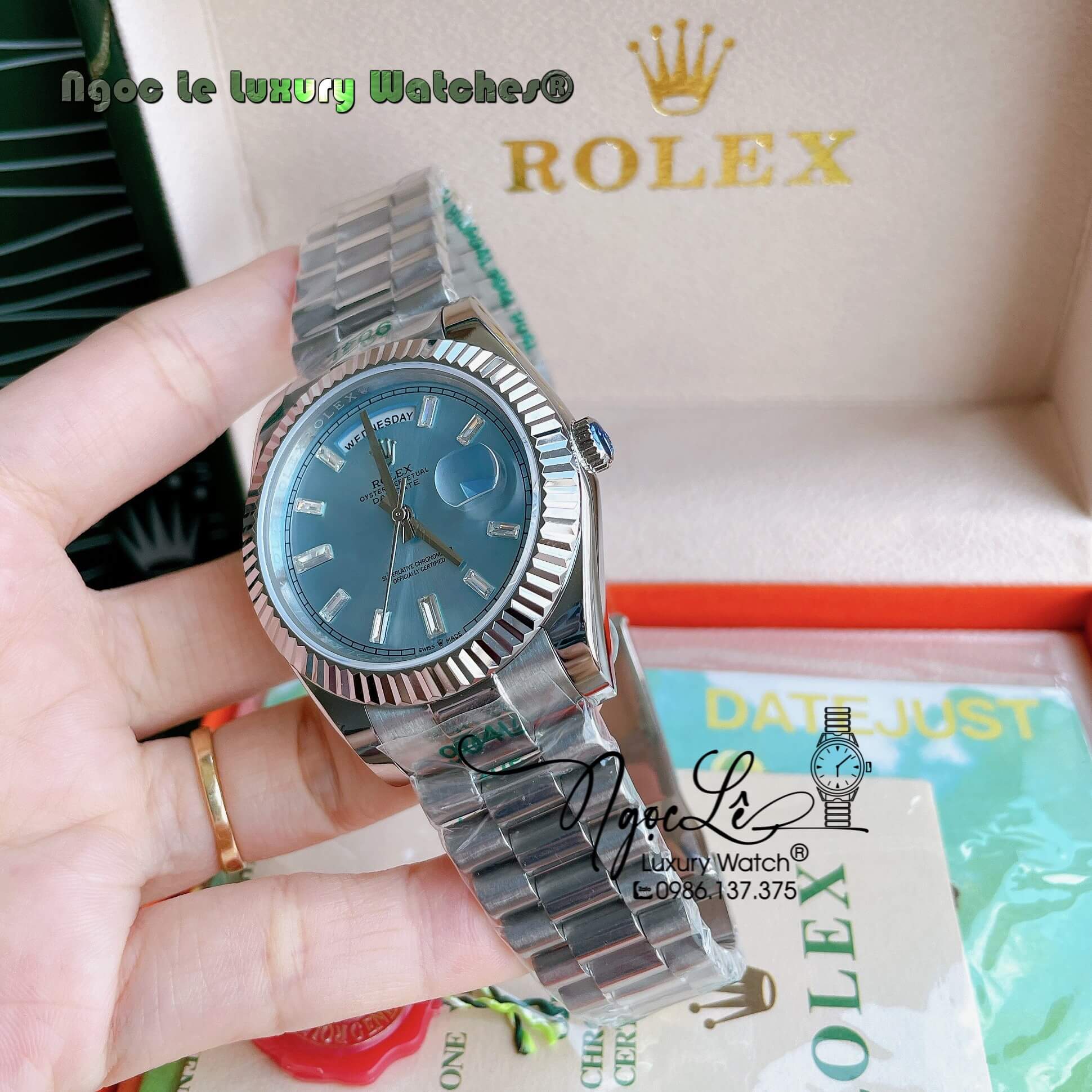 Đồng Hồ Rolex Day-Date Automatic Nam Dây Kim Loại Bạc Mặt Xanh Dương Nhạt Niềng Khía Size 41mm - Rolex nam siêu cấp 1:1 máy cơ tự động