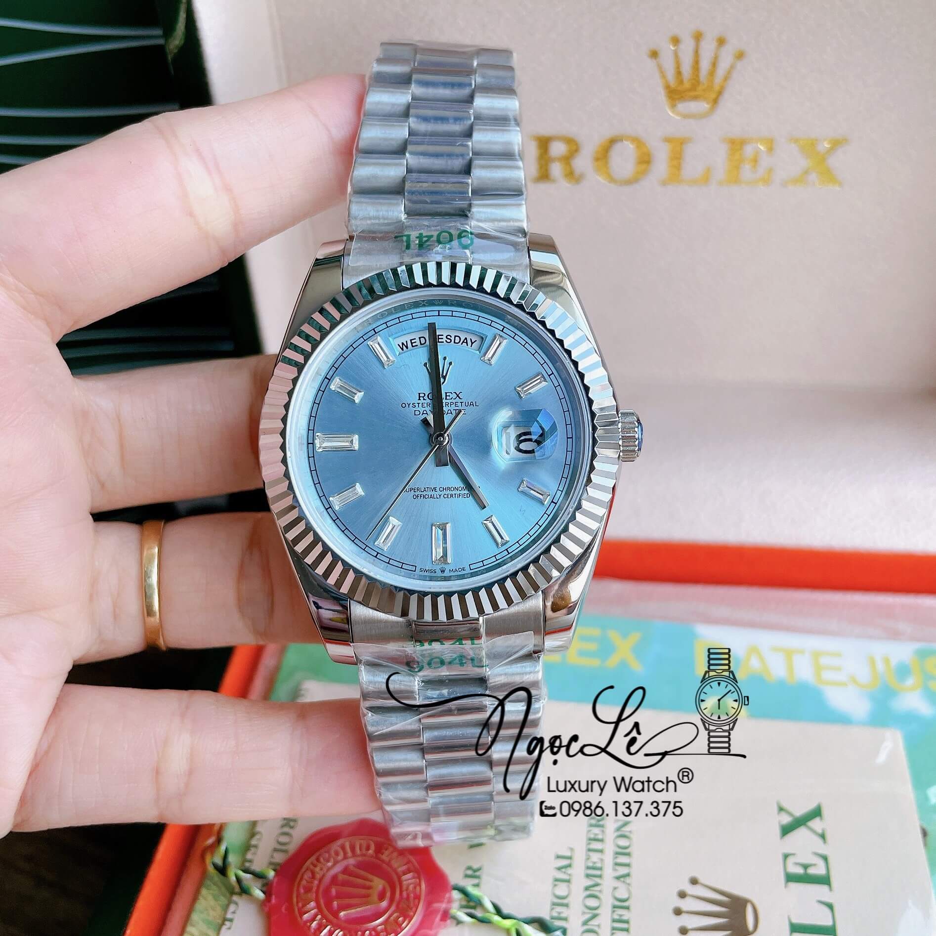 Đồng Hồ Rolex Day-Date Automatic Nam Dây Kim Loại Bạc Mặt Xanh Dương Nhạt Niềng Khía Size 41mm - Rolex nam siêu cấp 1:1 máy cơ tự động