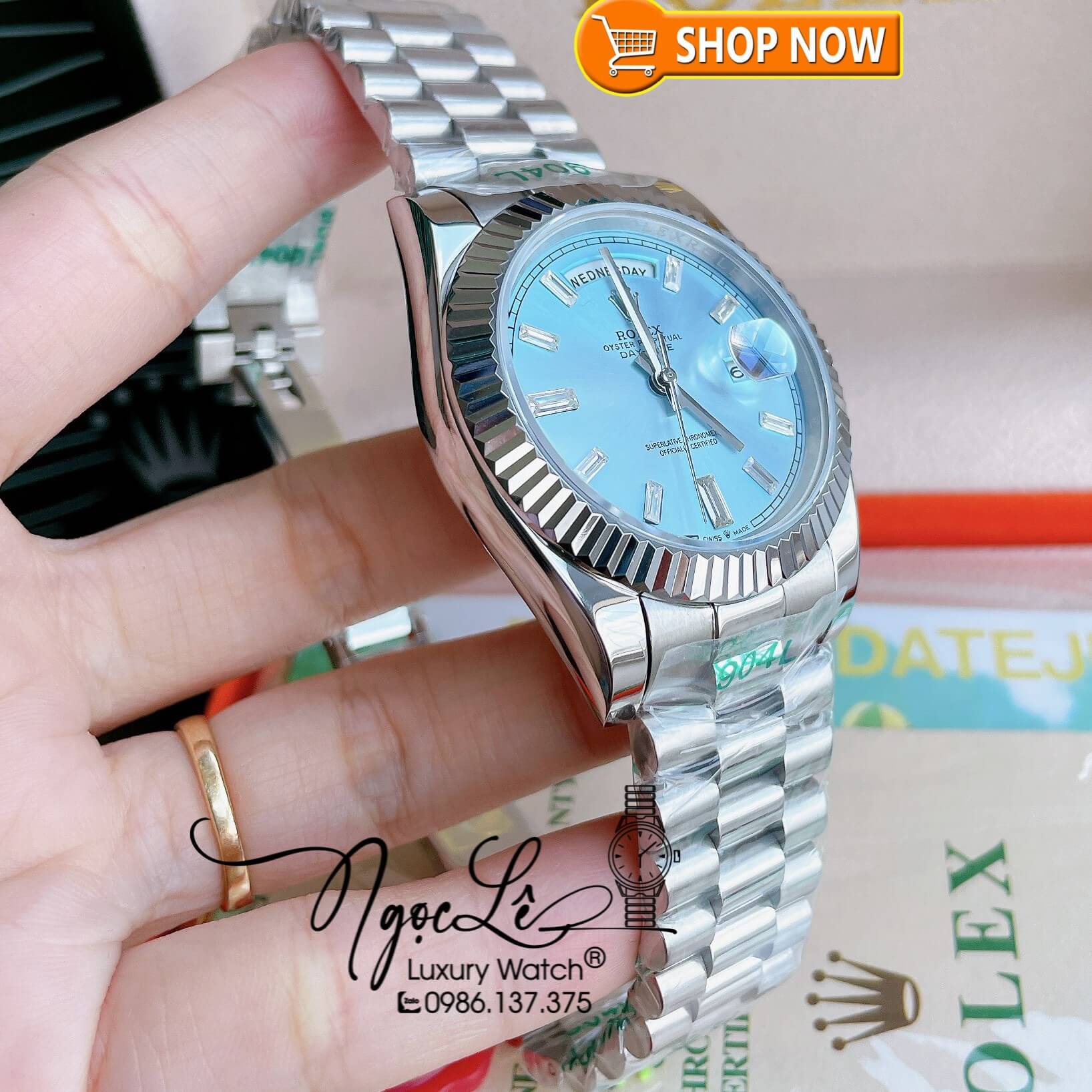 Đồng Hồ Rolex Day-Date Automatic Nam Dây Kim Loại Bạc Mặt Xanh Dương Nhạt Niềng Khía Size 41mm - Rolex nam siêu cấp 1:1 máy cơ tự động