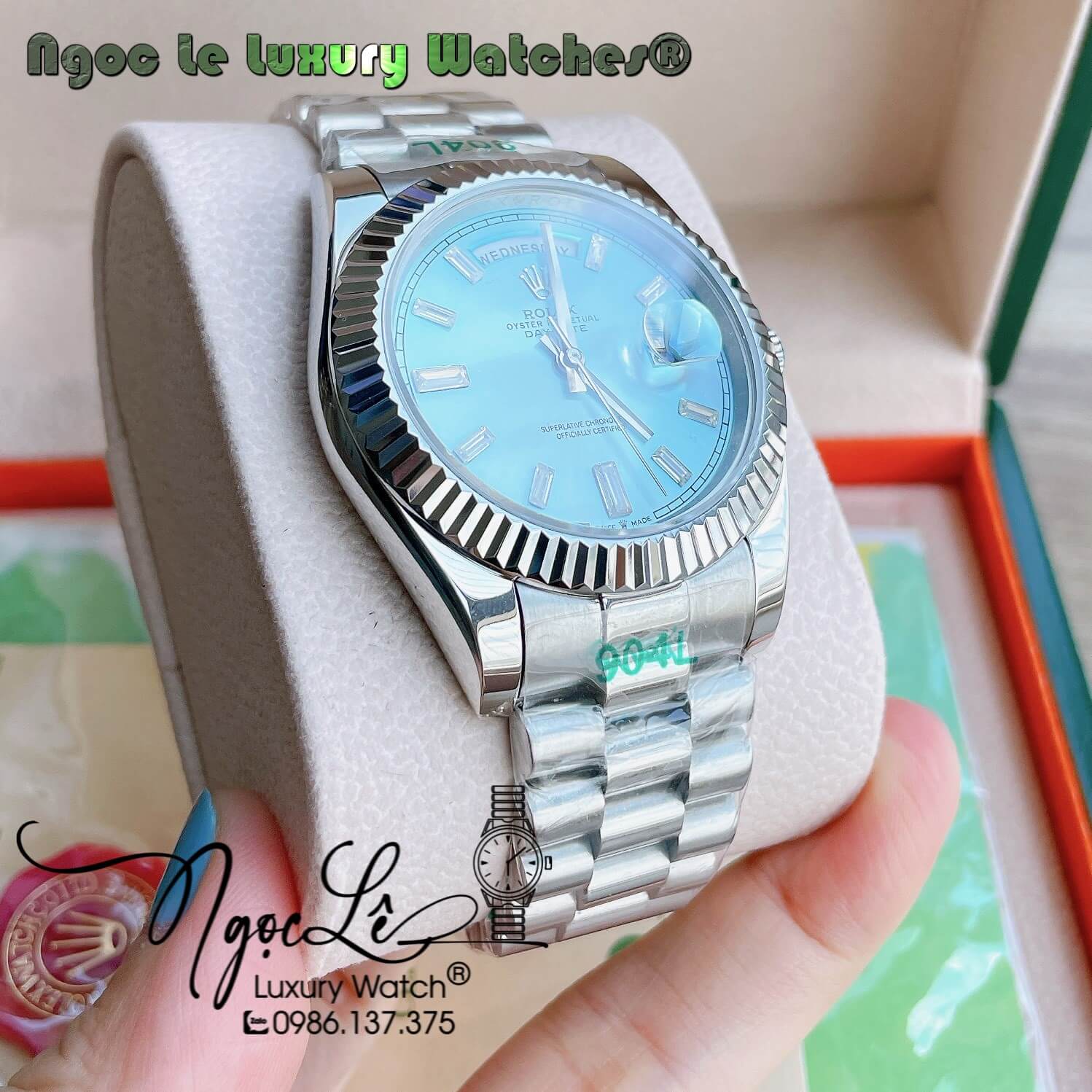 Đồng Hồ Rolex Day-Date Automatic Nam Dây Kim Loại Bạc Mặt Xanh Dương Nhạt Niềng Khía Size 41mm - Rolex nam siêu cấp 1:1 máy cơ tự động