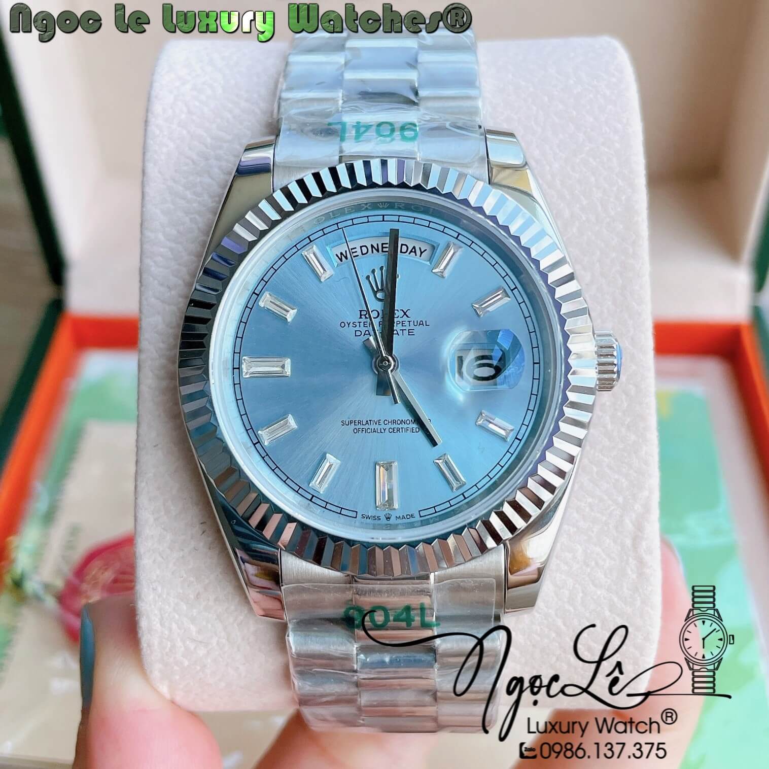 Đồng Hồ Rolex Day-Date Automatic Nam Dây Kim Loại Bạc Mặt Xanh Dương Nhạt Niềng Khía Size 41mm - Rolex nam siêu cấp 1:1 máy cơ tự động