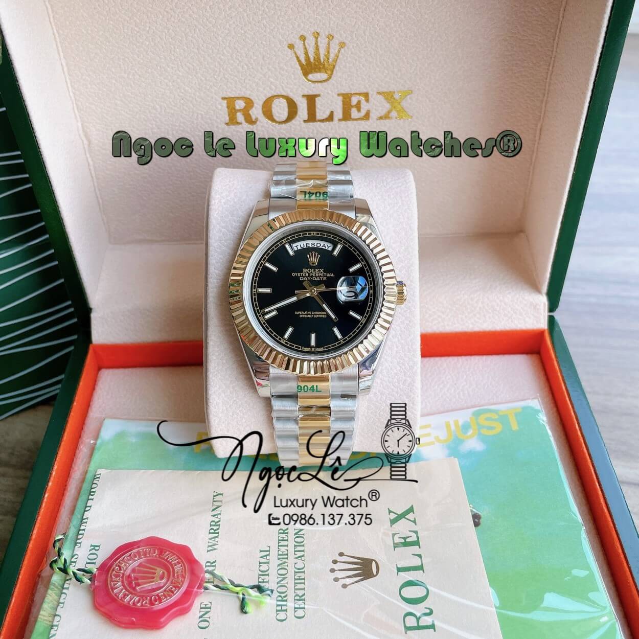 Đồng Hồ Rolex Day-Date Automatic Nam Dây Kim Loại Demi Vàng Mặt Đen Niềng Khía Size 41mm - Rolex nam siêu cấp 1:1 máy cơ tự động