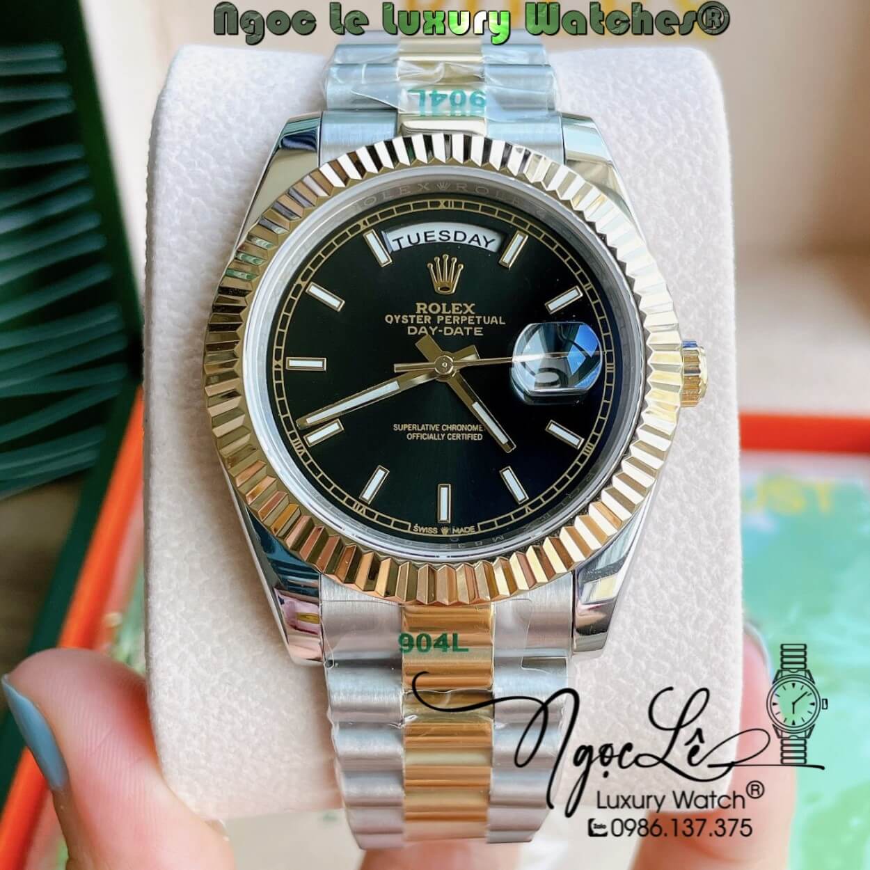 Đồng Hồ Rolex Day-Date Automatic Nam Dây Kim Loại Demi Vàng Mặt Đen Niềng Khía Size 41mm