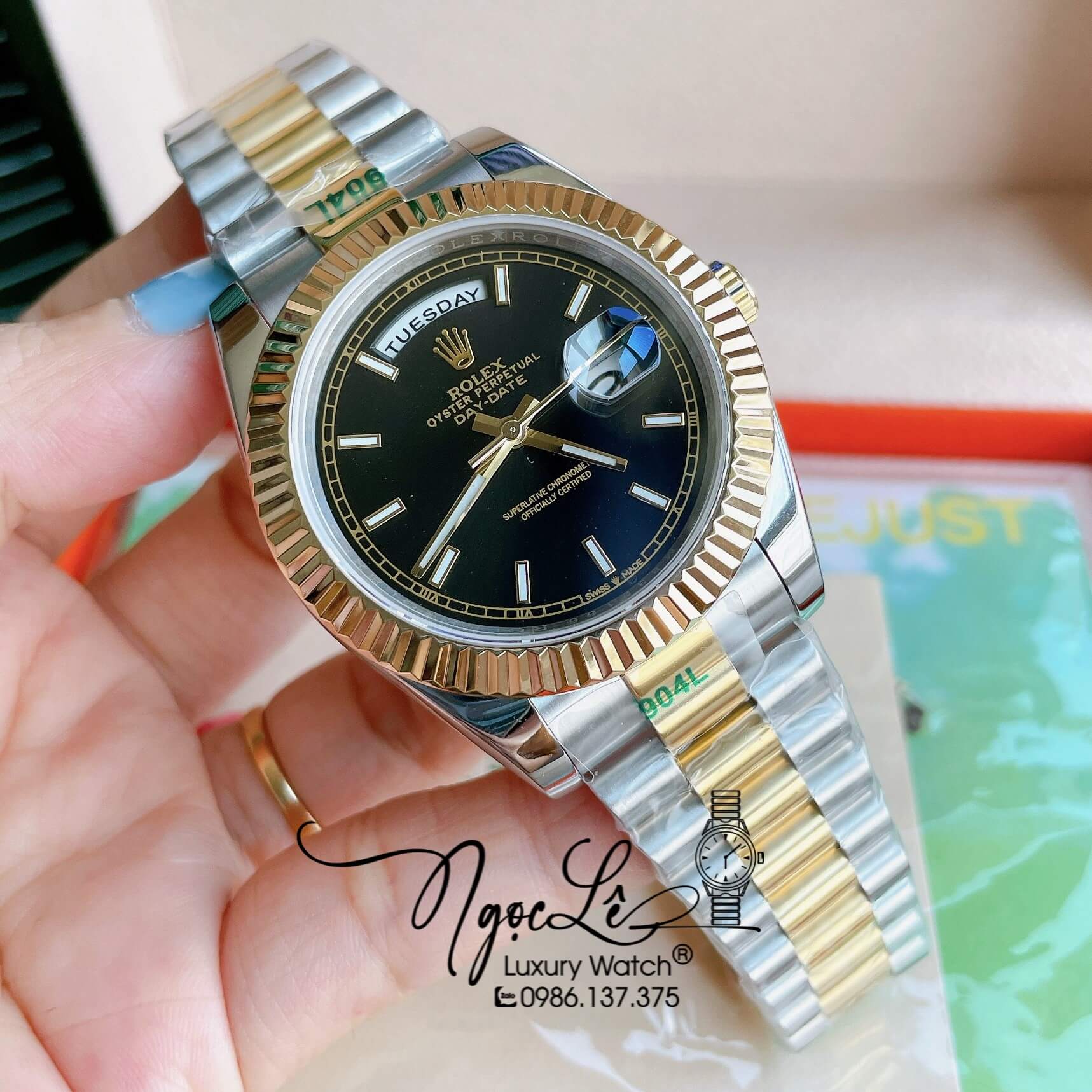 Đồng Hồ Rolex Day-Date Automatic Nam Dây Kim Loại Demi Vàng Mặt Đen Niềng Khía Size 41mm - Rolex nam siêu cấp 1:1 máy cơ tự động