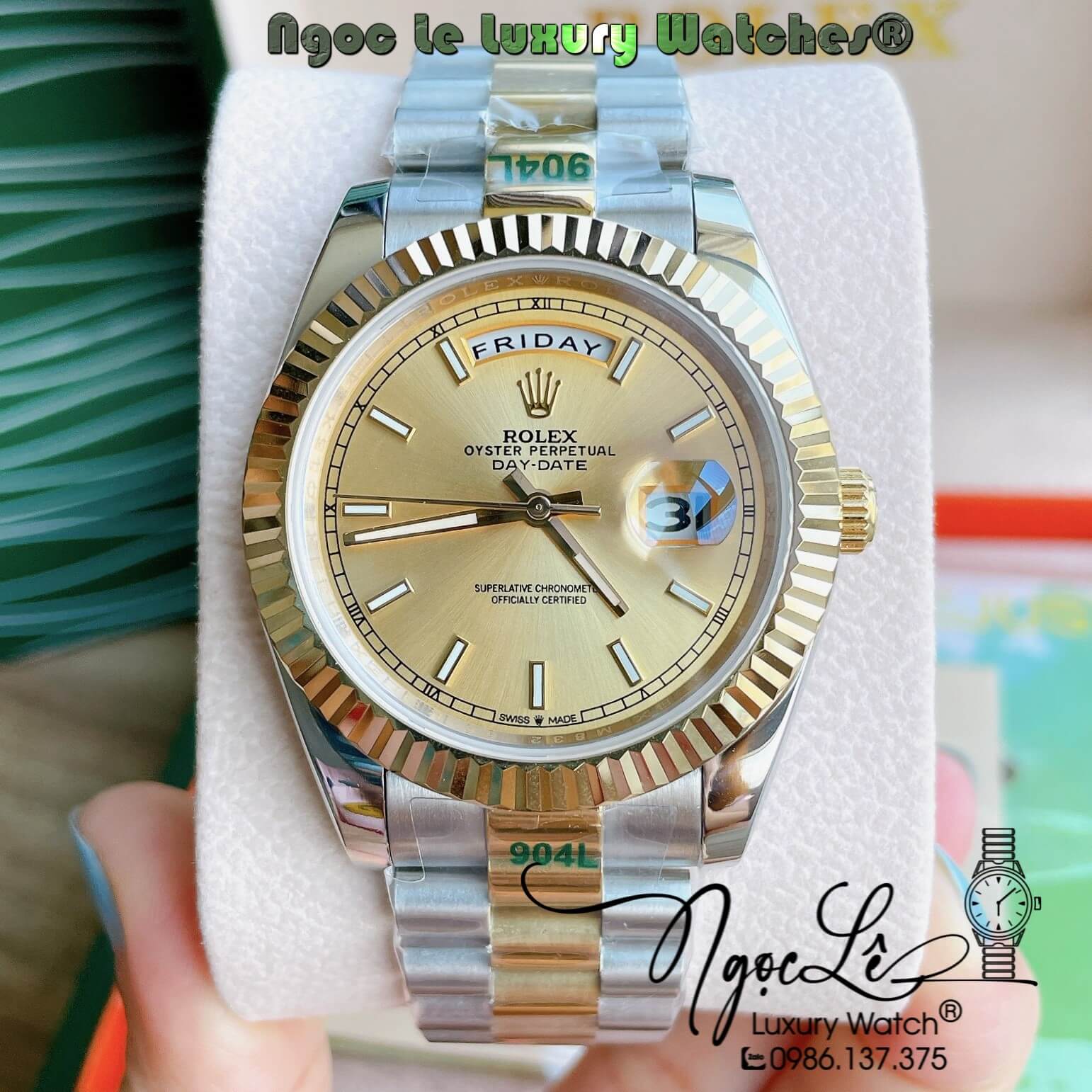 Đồng Hồ Rolex Day-Date Automatic Nam Dây Kim Loại Demi Mặt Vàng Niềng Khía Size 41mm