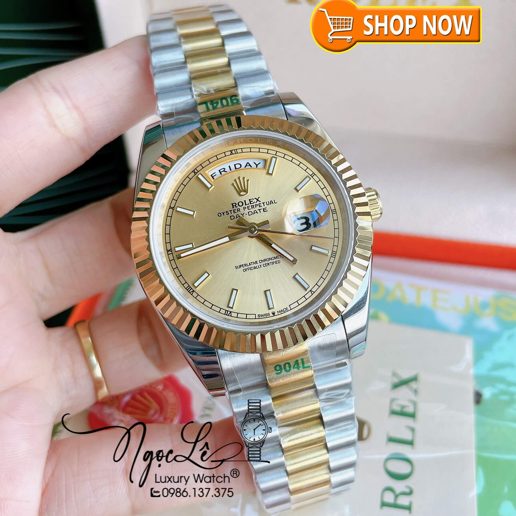 Đồng Hồ Rolex Day-Date Automatic Nam Dây Kim Loại Demi Mặt Vàng Niềng Khía Size 41mm