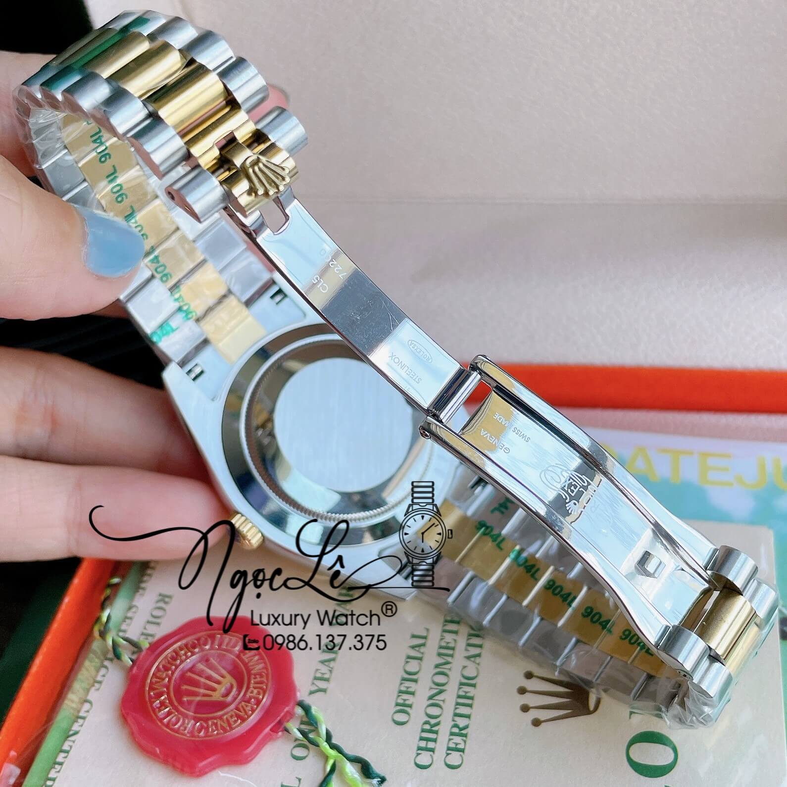 Đồng Hồ Rolex Day-Date Automatic Nam Dây Kim Loại Demi Mặt Vàng Niềng Khía Size 41mm