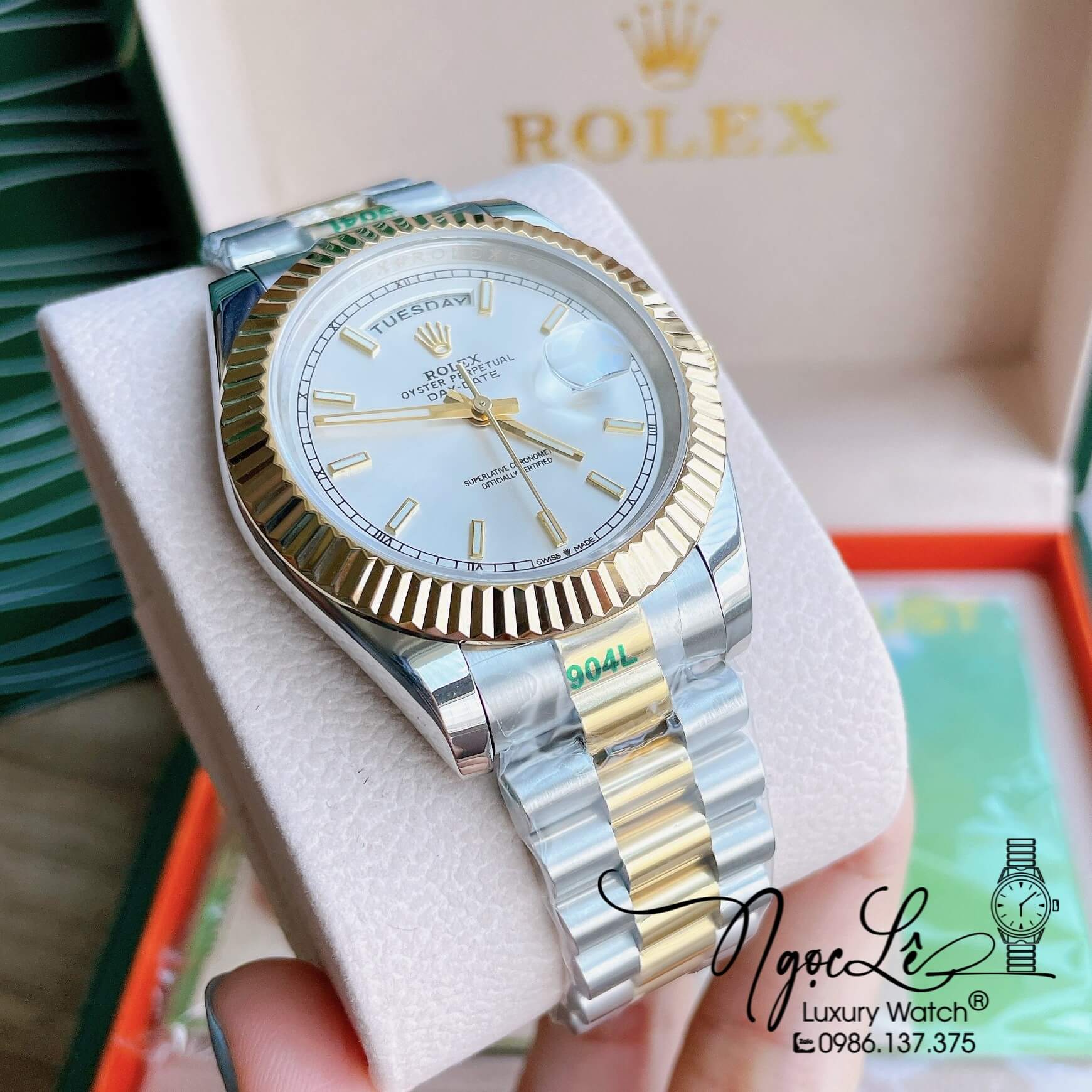 Đồng Hồ Rolex Day-Date Automatic Nam Dây Kim Loại Demi Vàng Niềng Khía Size 41mm