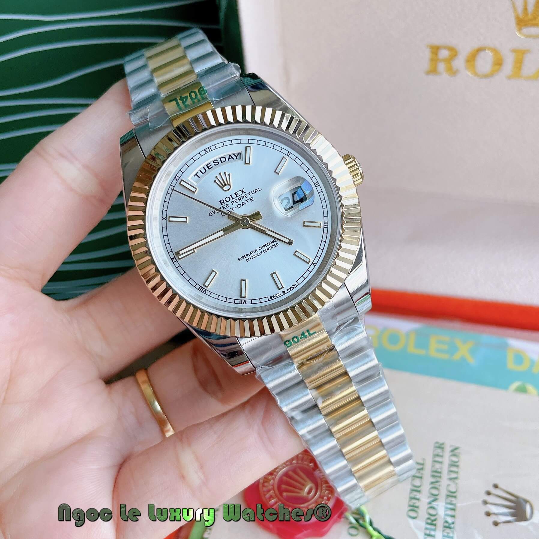 Đồng Hồ Rolex Day-Date Automatic Nam Dây Kim Loại Demi Vàng Niềng Khía Size 41mm