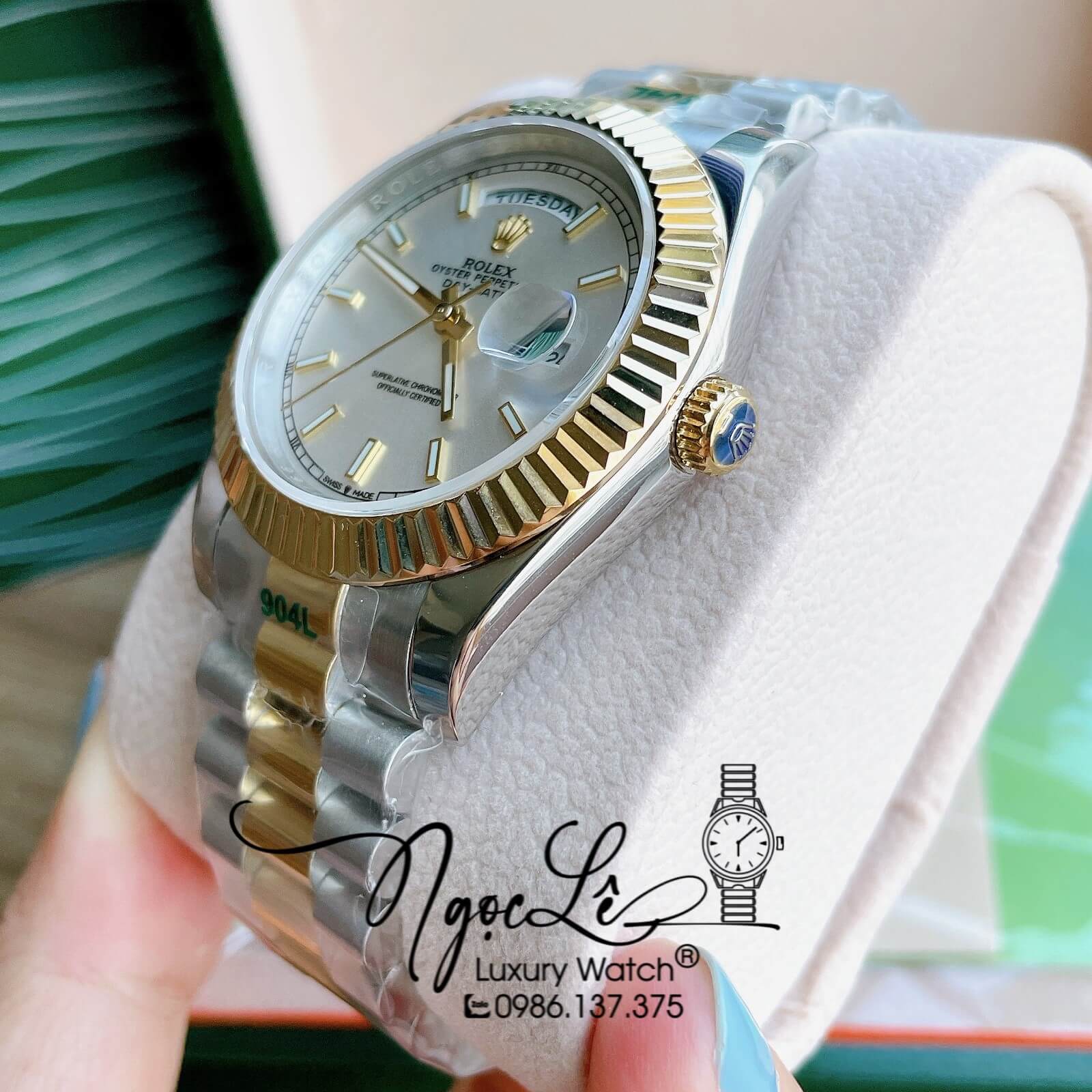 Đồng Hồ Rolex Day-Date Automatic Nam Dây Kim Loại Demi Vàng Niềng Khía Size 41mm