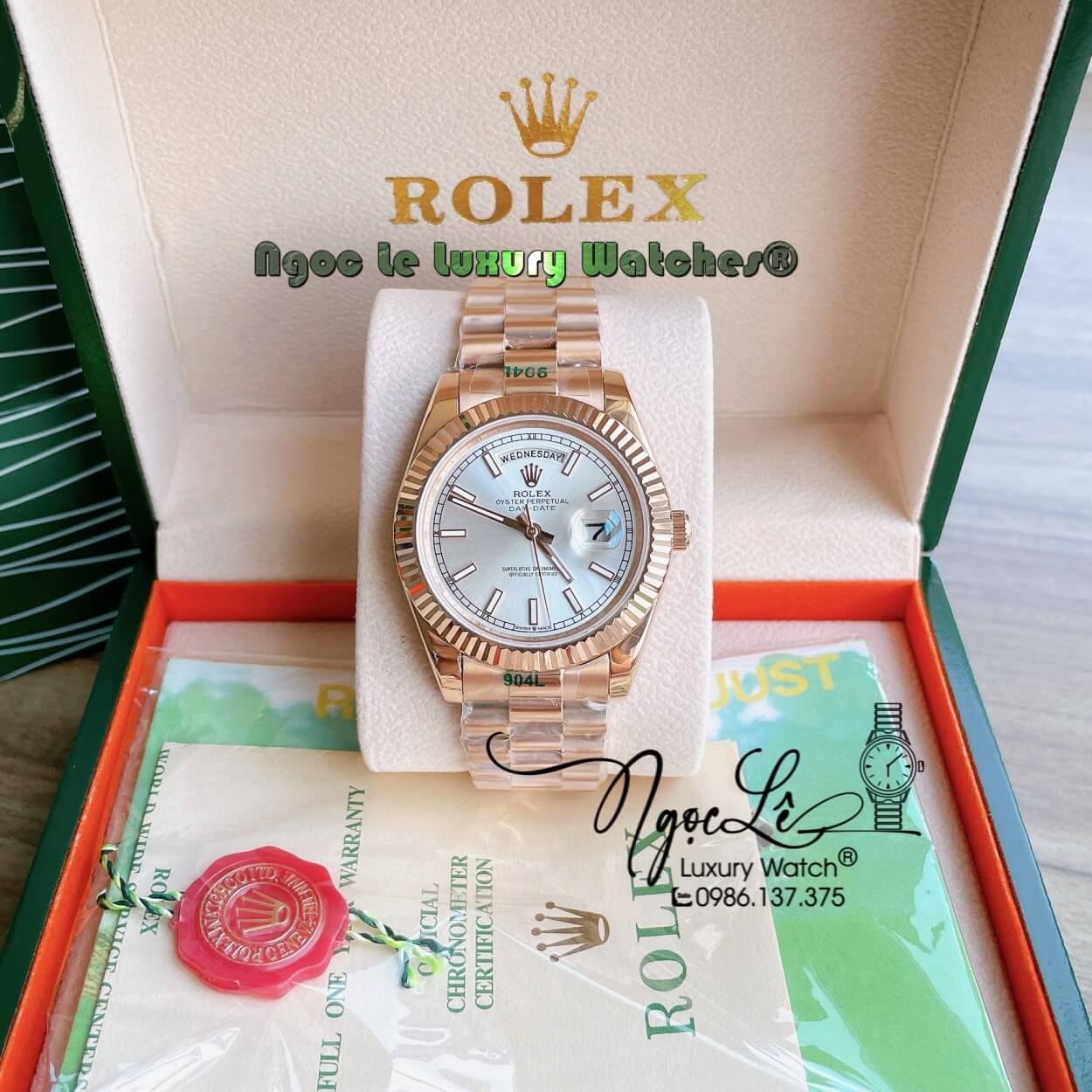 Đồng Hồ Rolex Day-Date Automatic Nam Dây Kim Loại Màu Rose Niềng Khía Size 41mm