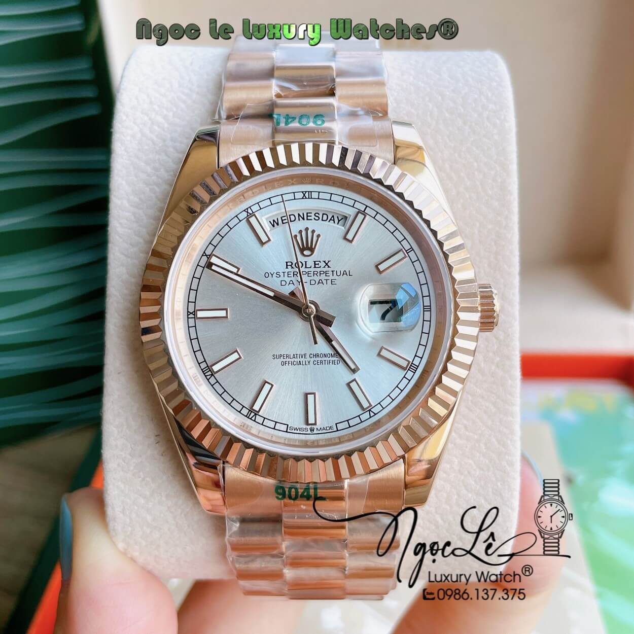 Đồng Hồ Rolex Day-Date Automatic Nam Dây Kim Loại Màu Rose Niềng Khía Size 41mm