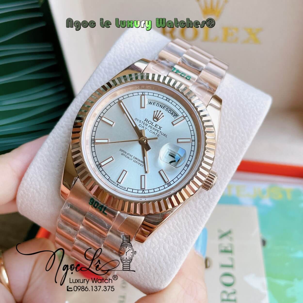 Đồng Hồ Rolex Day-Date Automatic Nam Dây Kim Loại Màu Rose Niềng Khía Size 41mm