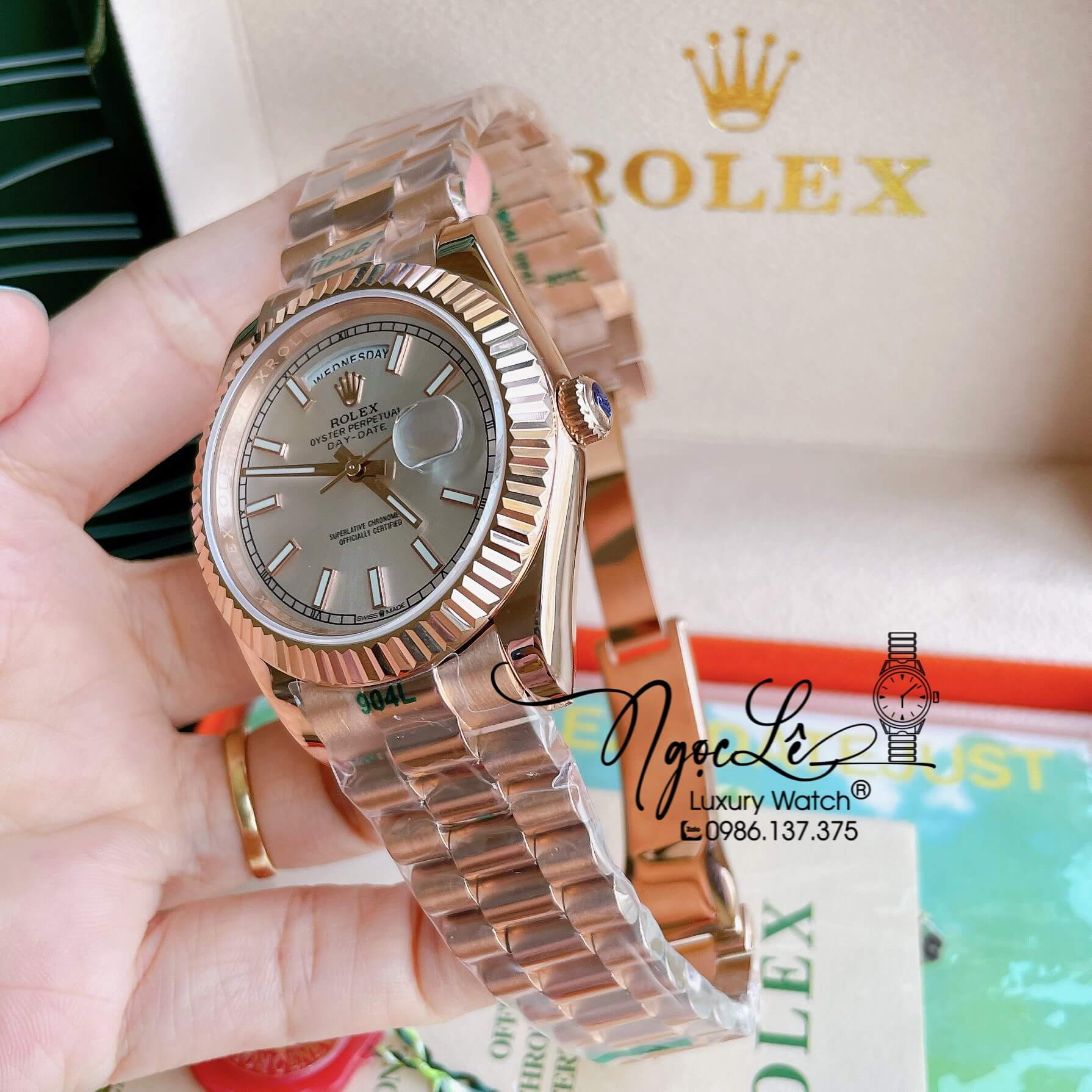 Đồng Hồ Rolex Day-Date Automatic Nam Dây Kim Loại Màu Rose Niềng Khía Size 41mm