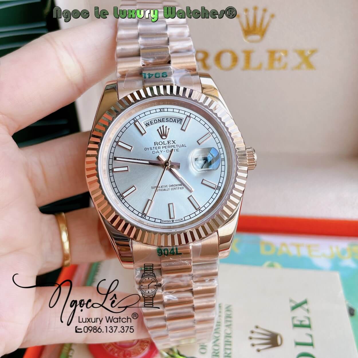 Đồng Hồ Rolex Day-Date Automatic Nam Dây Kim Loại Màu Rose Niềng Khía Size 41mm