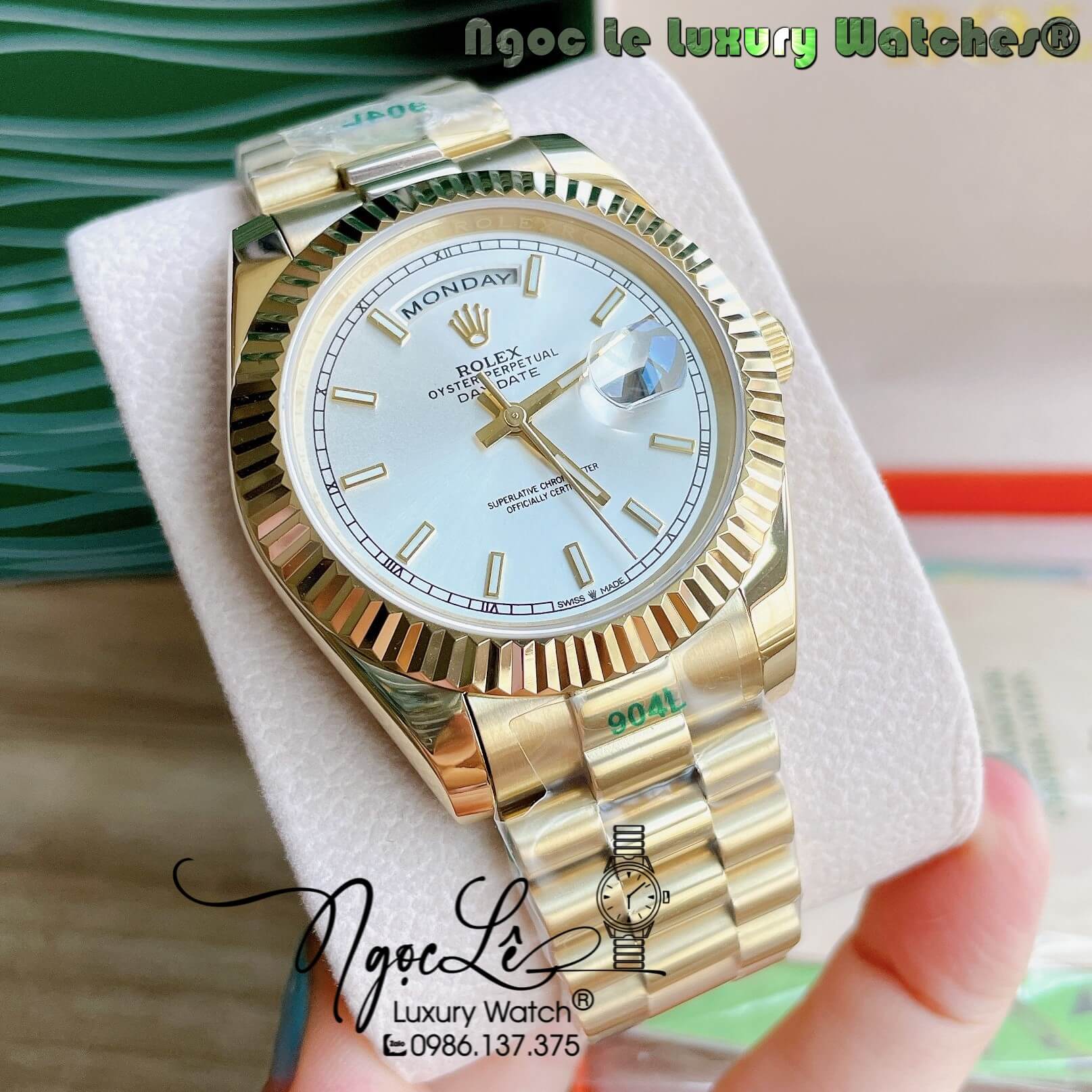 Đồng Hồ Rolex Day-Date Automatic Nam Dây Kim Loại Vàng Mặt Trắng Niềng Khía Size 41mm