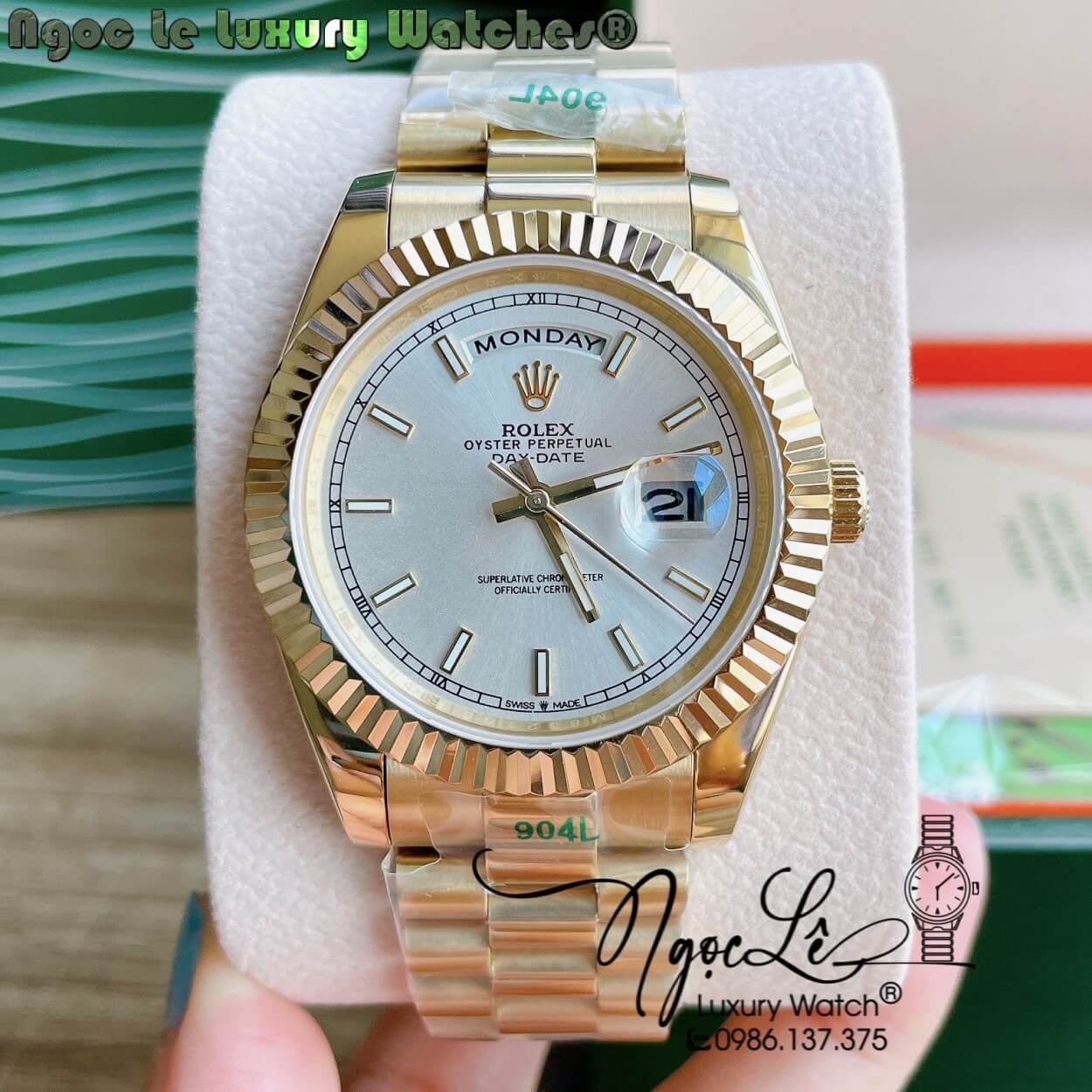 Đồng Hồ Rolex Day-Date Automatic Nam Dây Kim Loại Vàng Mặt Trắng Niềng Khía Size 41mm