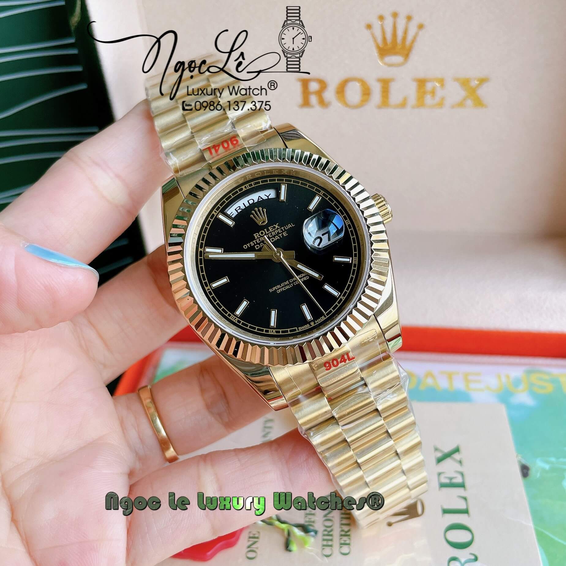 Đồng Hồ Rolex Day-Date Automatic Nam Dây Kim Loại Vàng Mặt Đen Niềng Khía Size 41mm