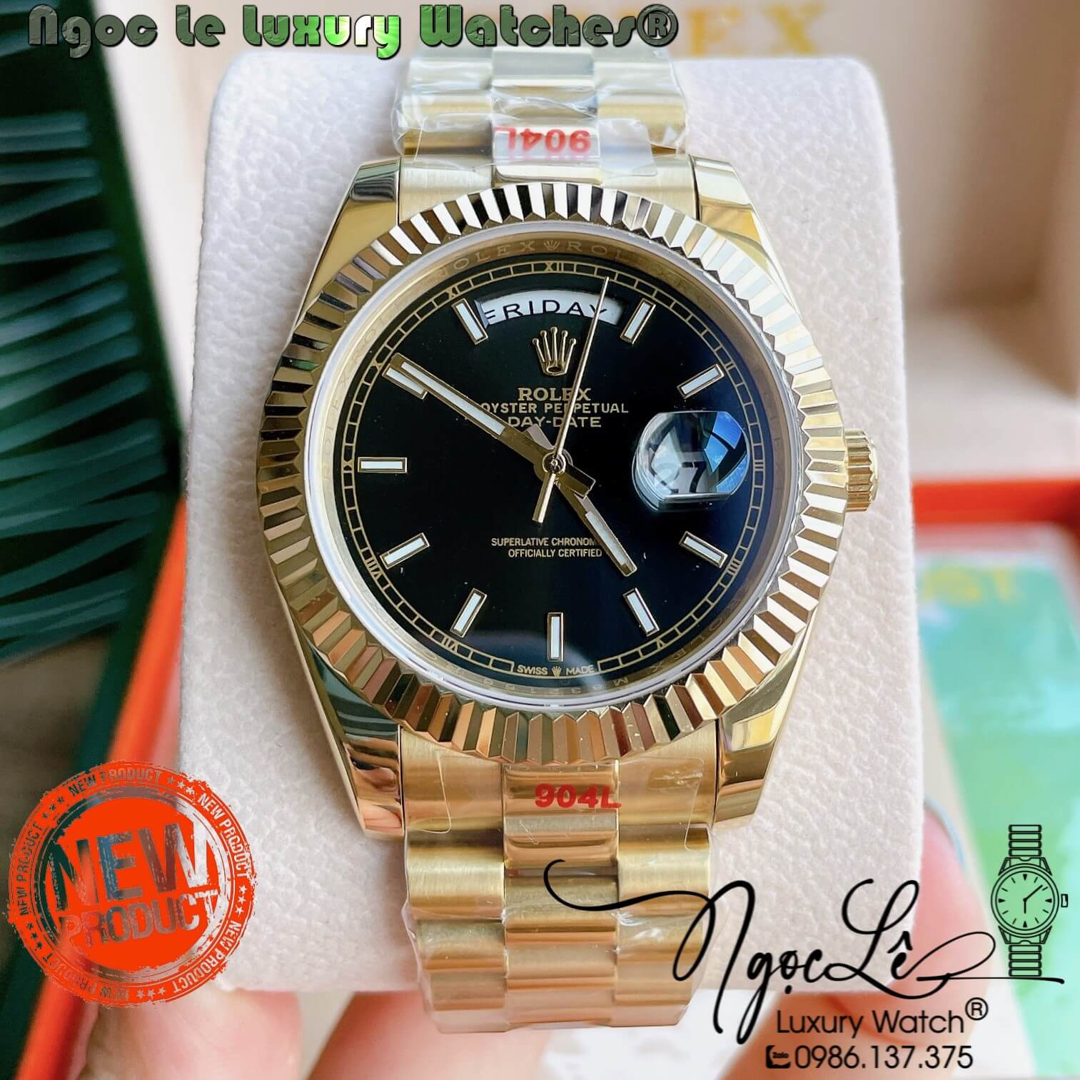 Đồng Hồ Rolex Day-Date Automatic Nam Dây Kim Loại Vàng Mặt Đen Niềng Khía Size 41mm