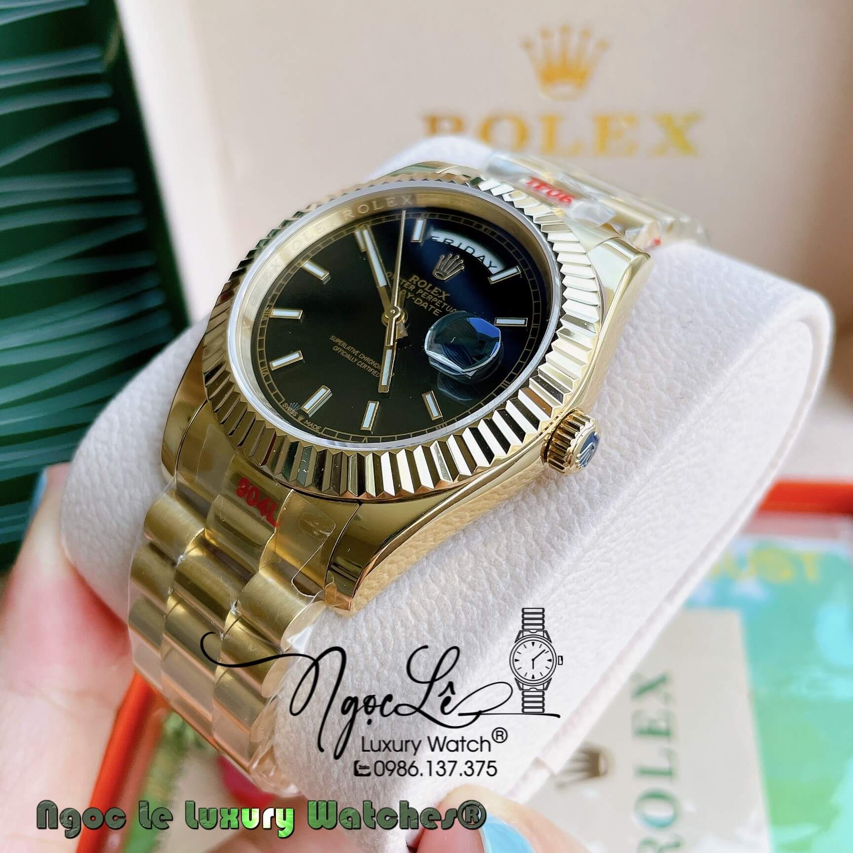 Đồng Hồ Rolex Day-Date Automatic Nam Dây Kim Loại Vàng Mặt Đen Niềng Khía Size 41mm