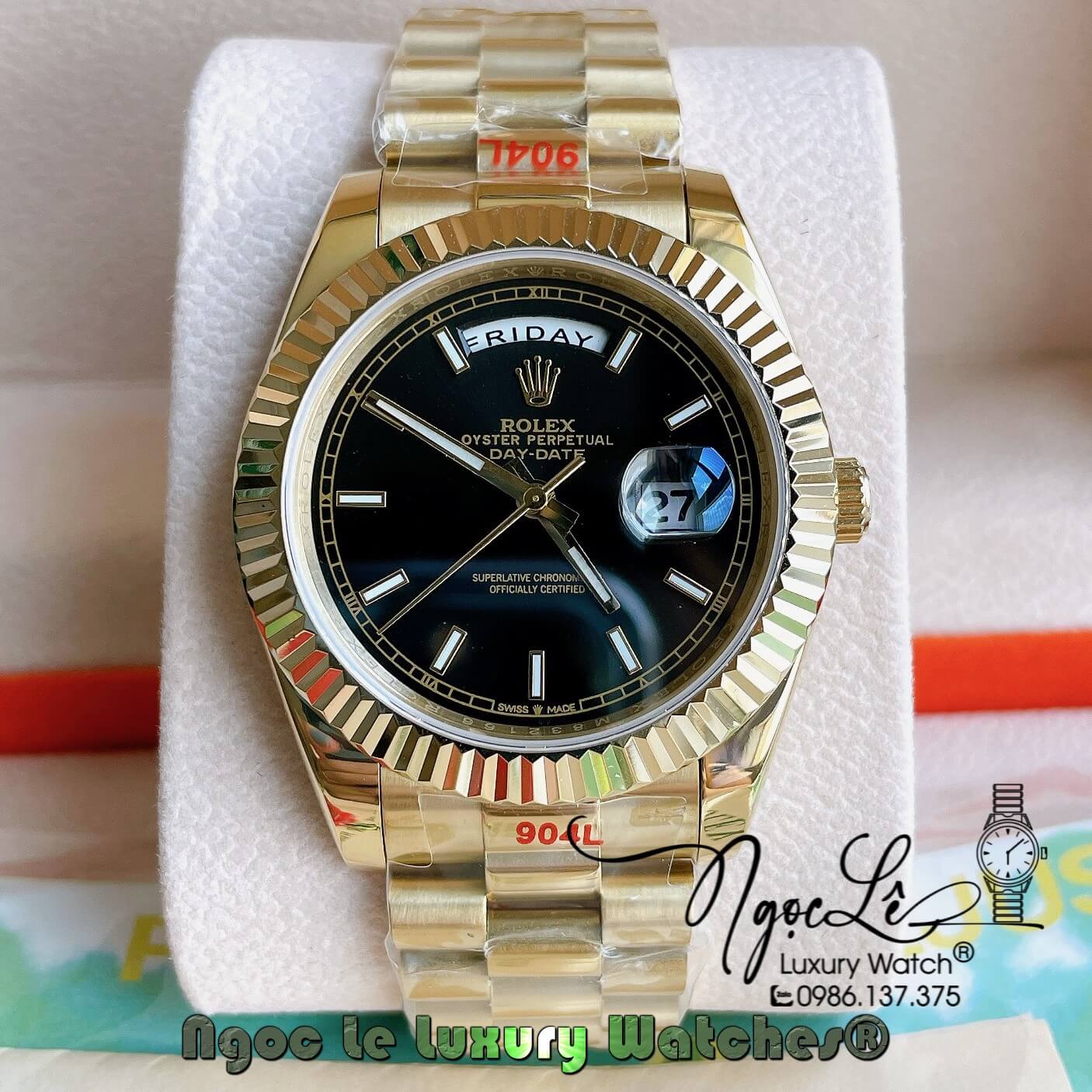 Đồng Hồ Rolex Day-Date Automatic Nam Dây Kim Loại Vàng Mặt Đen Niềng Khía Size 41mm