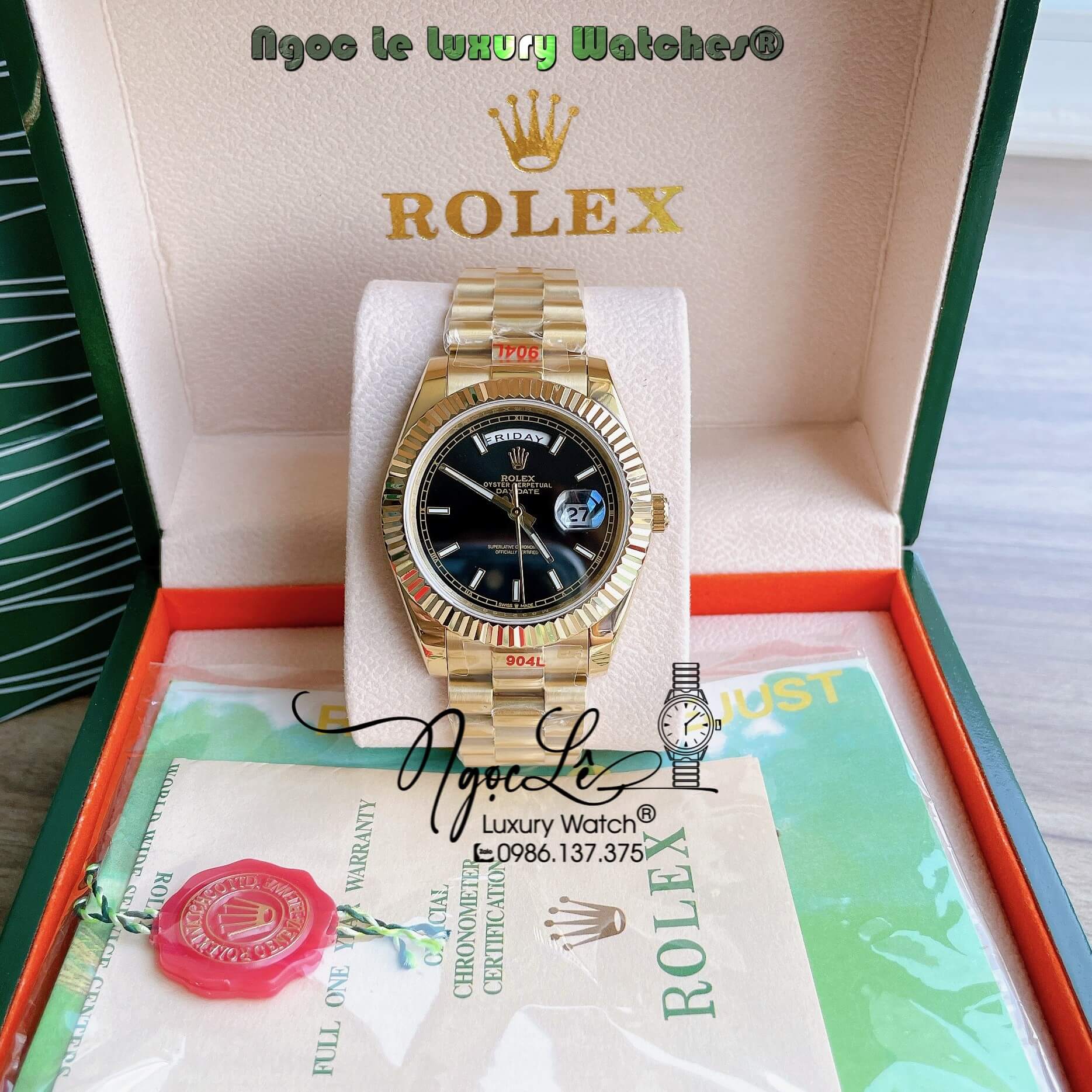 Đồng Hồ Rolex Day-Date Automatic Nam Dây Kim Loại Vàng Mặt Đen Niềng Khía Size 41mm