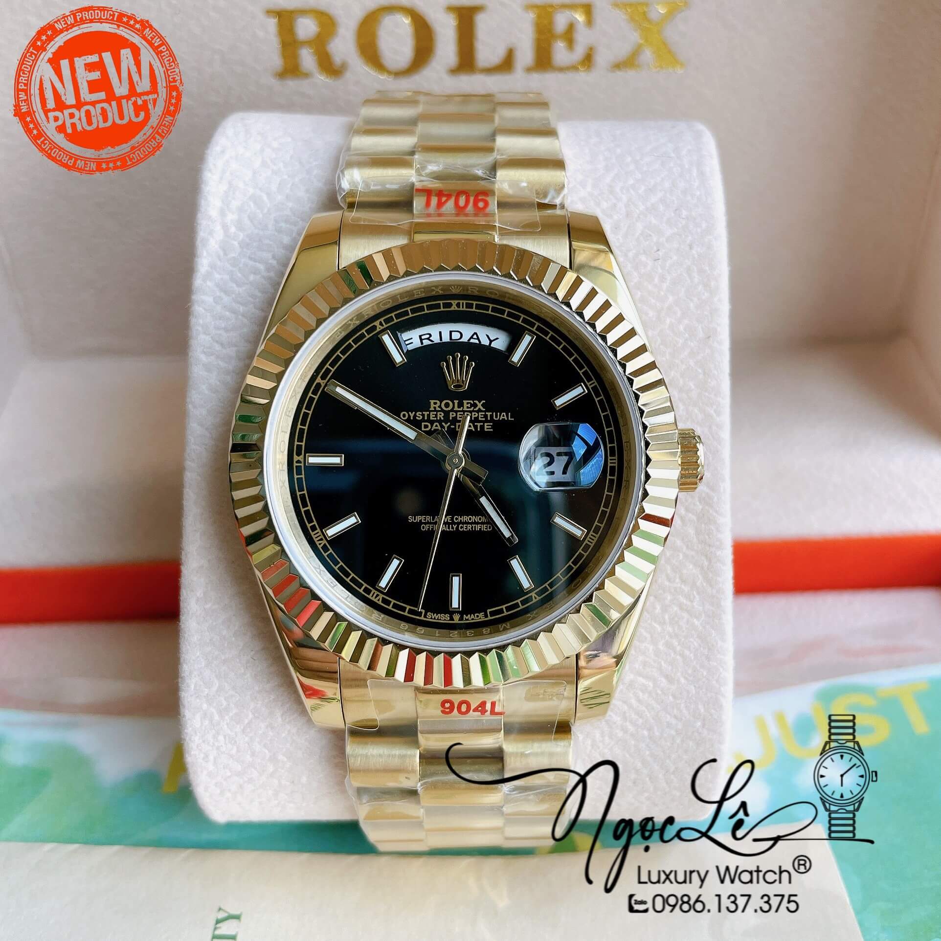 Đồng Hồ Rolex Day-Date Automatic Nam Dây Kim Loại Vàng Mặt Đen Niềng Khía Size 41mm