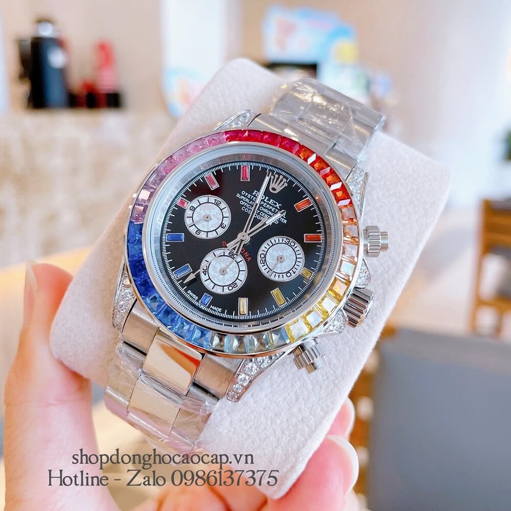 Đồng Hồ Rolex Daytona Automatic 6 Kim Đính Đá Silver 40mm Unisex