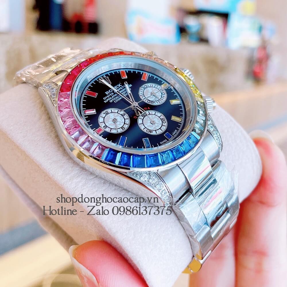 Đồng Hồ Rolex Daytona Automatic 6 Kim Đính Đá Silver 40mm Unisex