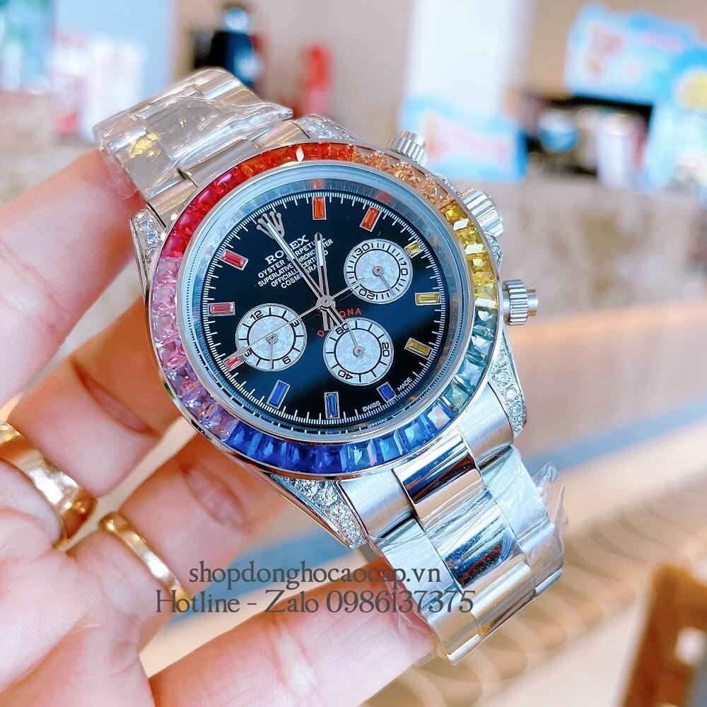 Đồng Hồ Rolex Daytona Automatic 6 Kim Đính Đá Silver 40mm Unisex