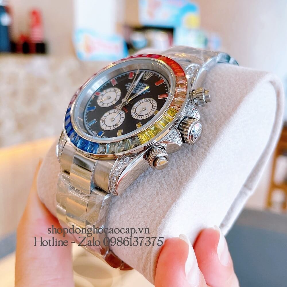 Đồng Hồ Rolex Daytona Automatic 6 Kim Đính Đá Silver 40mm Unisex