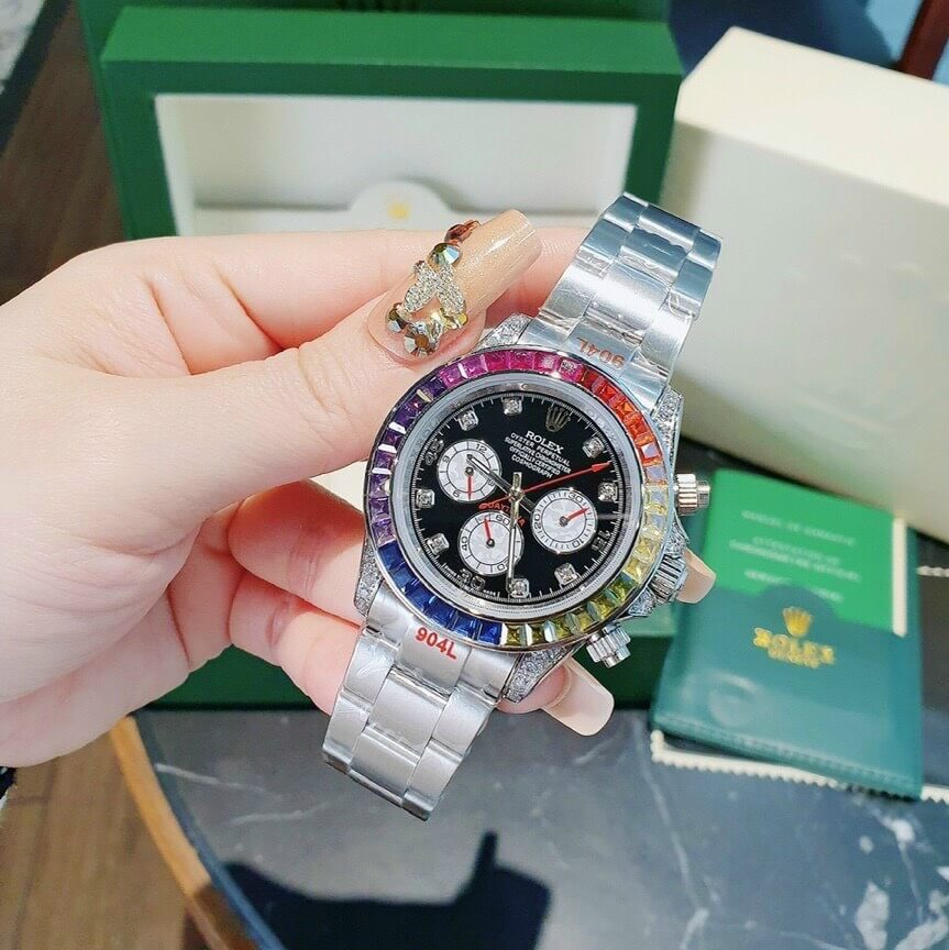 Đồng Hồ Rolex Daytona Automatic 6 Kim Đính Đá Silver 40mm Unisex