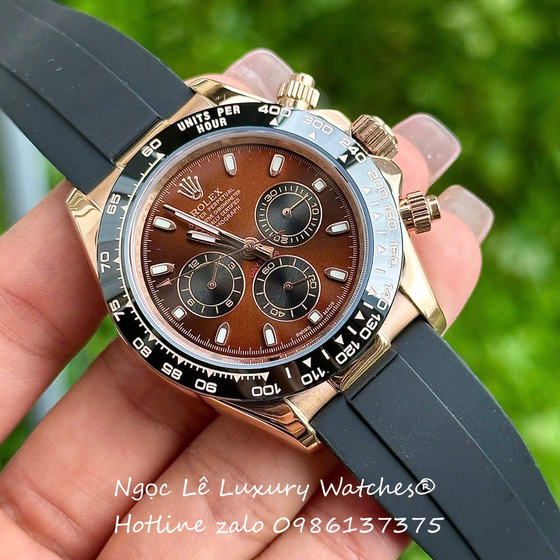 Đồng Hồ Rolex Cosmograph Daytona Automatic Dây Cao Su Đen Mặt Nâu Vỏ Rose Size 40mm