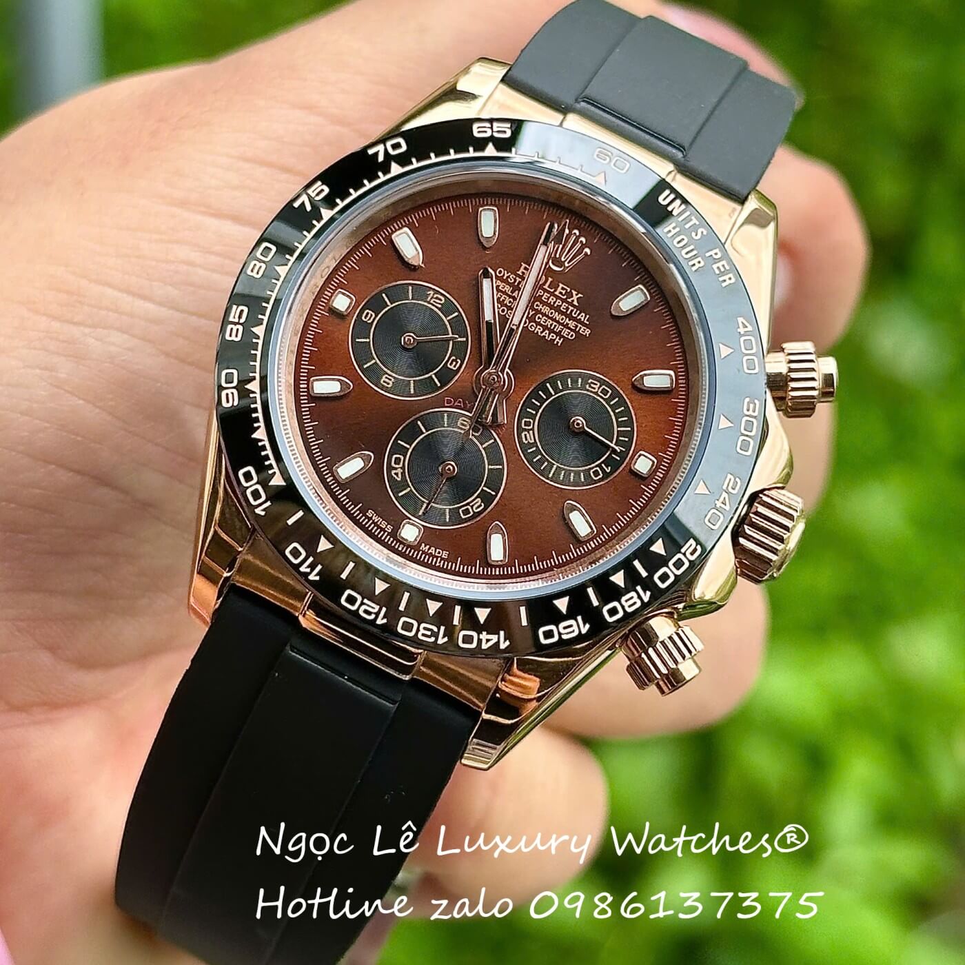 Đồng Hồ Rolex Cosmograph Daytona Automatic Dây Cao Su Đen Mặt Nâu Vỏ Rose Size 40mm