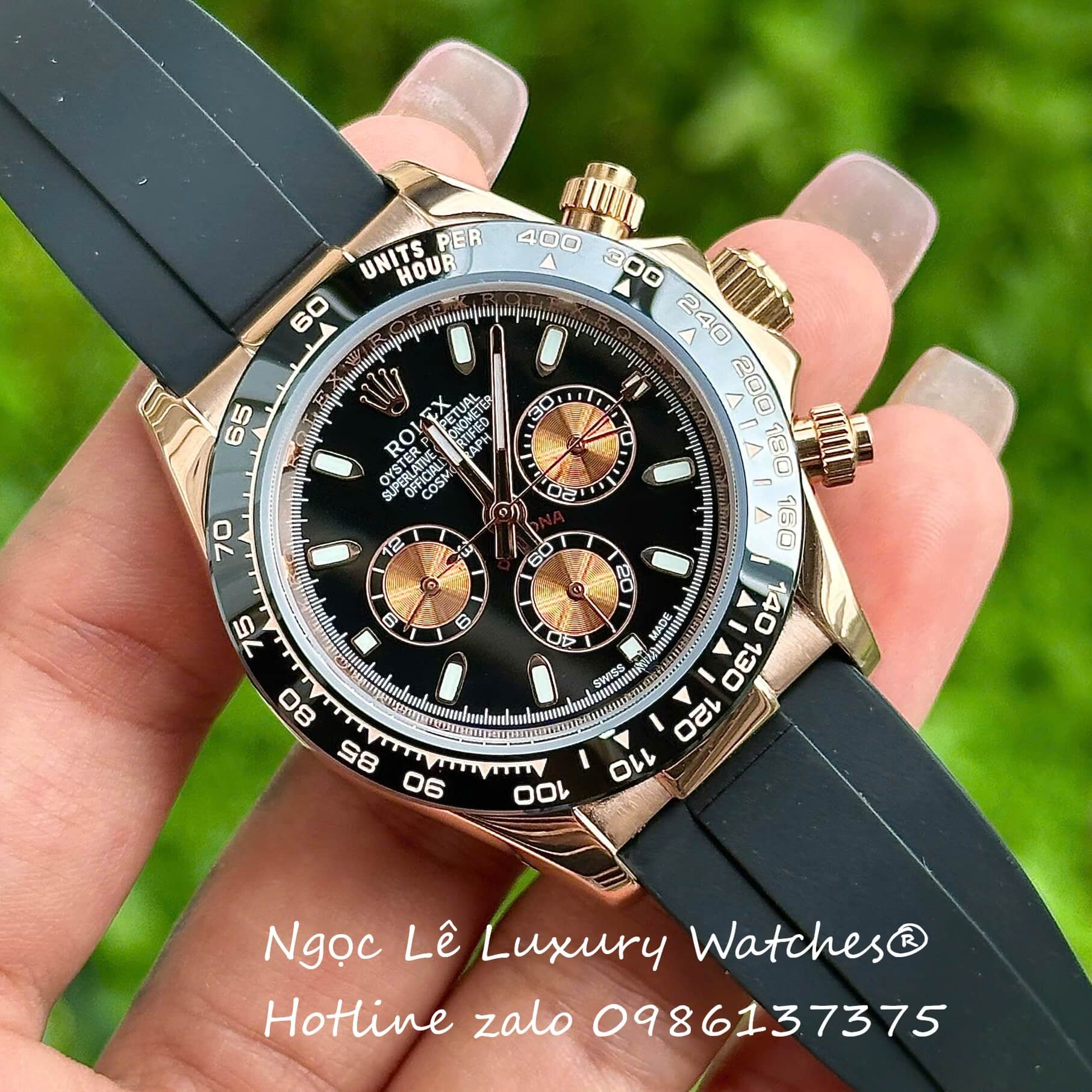 Đồng Hồ Rolex Cosmograph Daytona Automatic Dây Cao Su Đen Mặt Đen Vỏ Rose Size 40mm