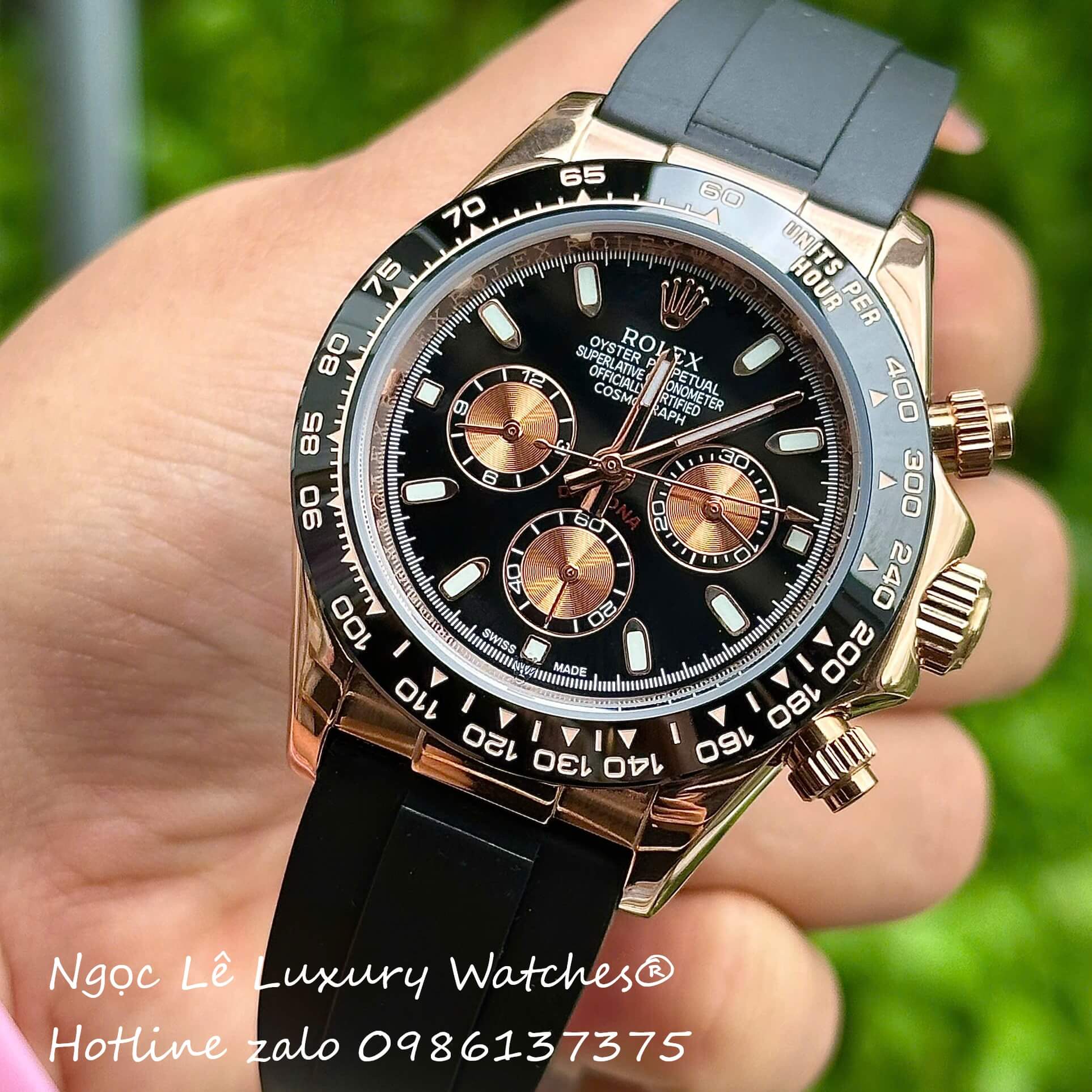 Đồng Hồ Rolex Cosmograph Daytona Automatic Dây Cao Su Đen Mặt Đen Vỏ Rose Size 40mm
